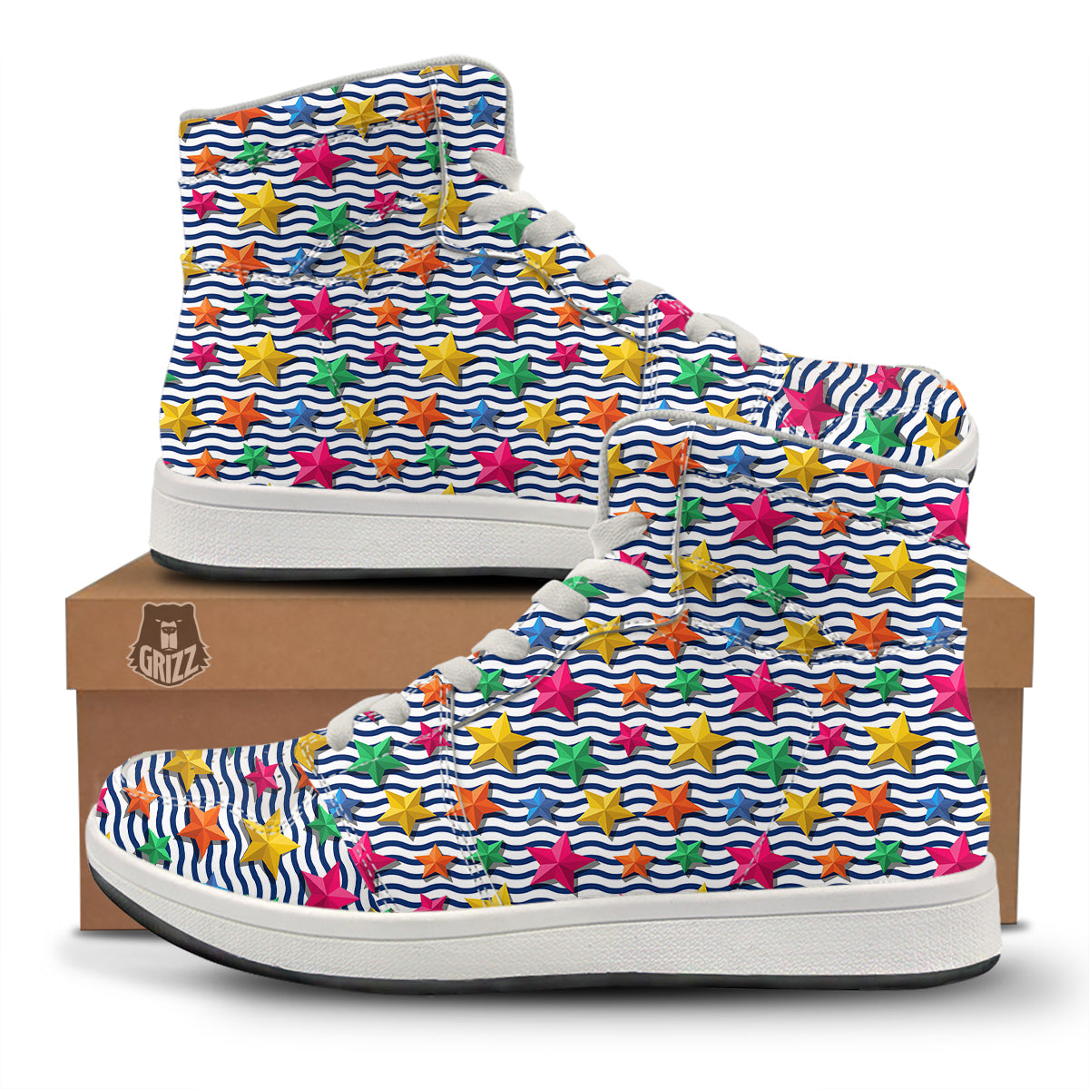 3D Stars And Blue Wave Print Pattern High Top Sneakers-grizzshop