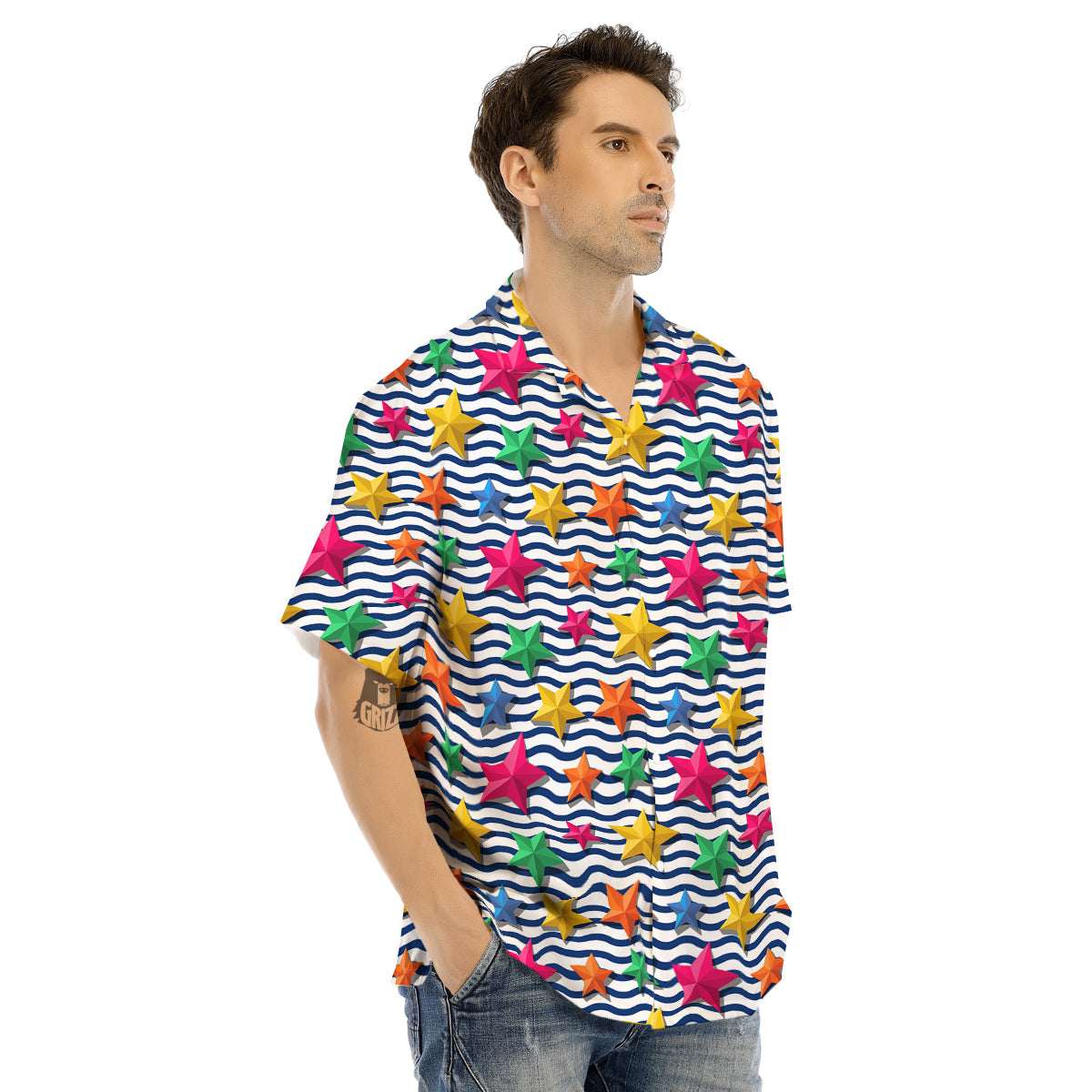 3D Stars And Blue Wave Print Pattern Men's Hawaiian Shirt-grizzshop