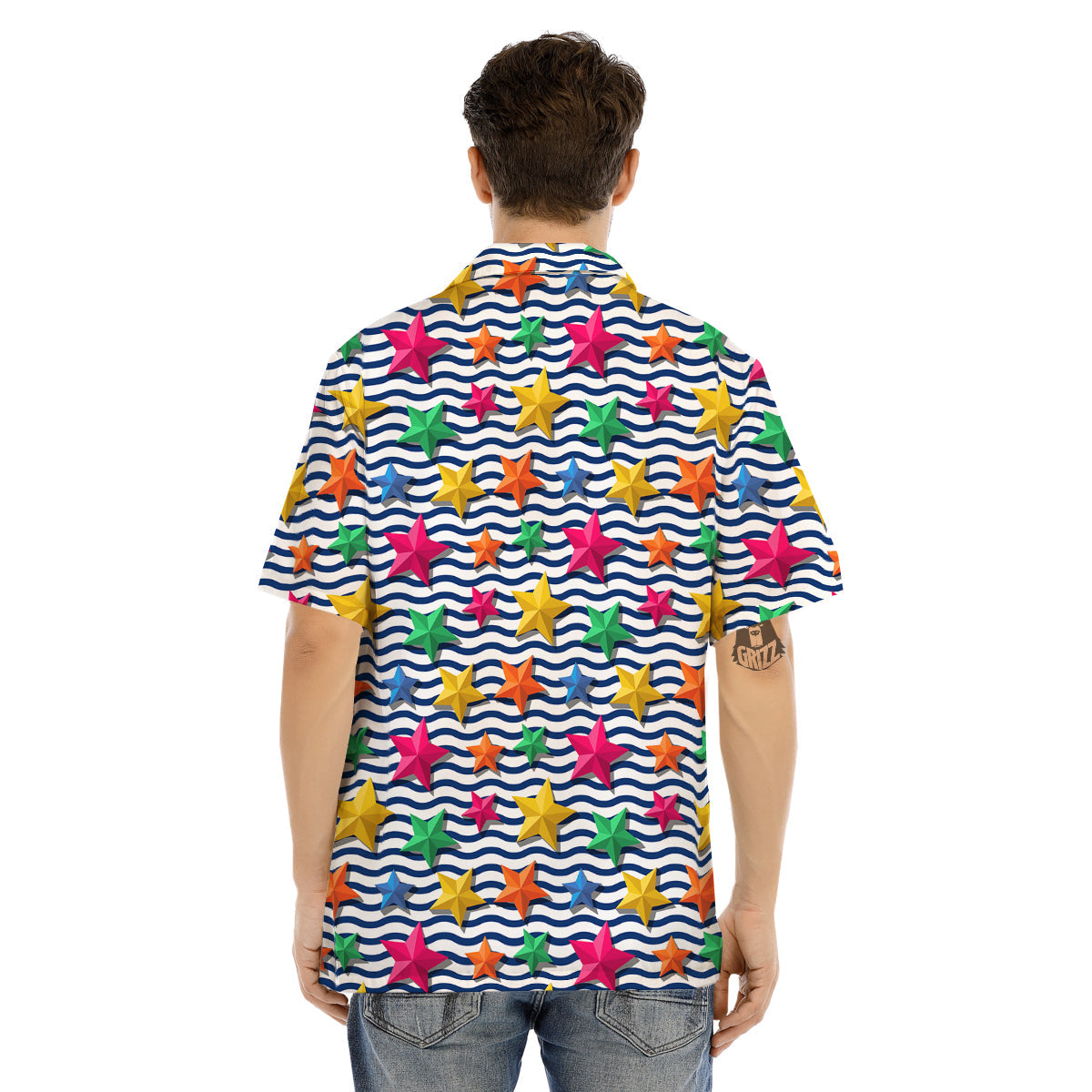 3D Stars And Blue Wave Print Pattern Men's Hawaiian Shirt-grizzshop