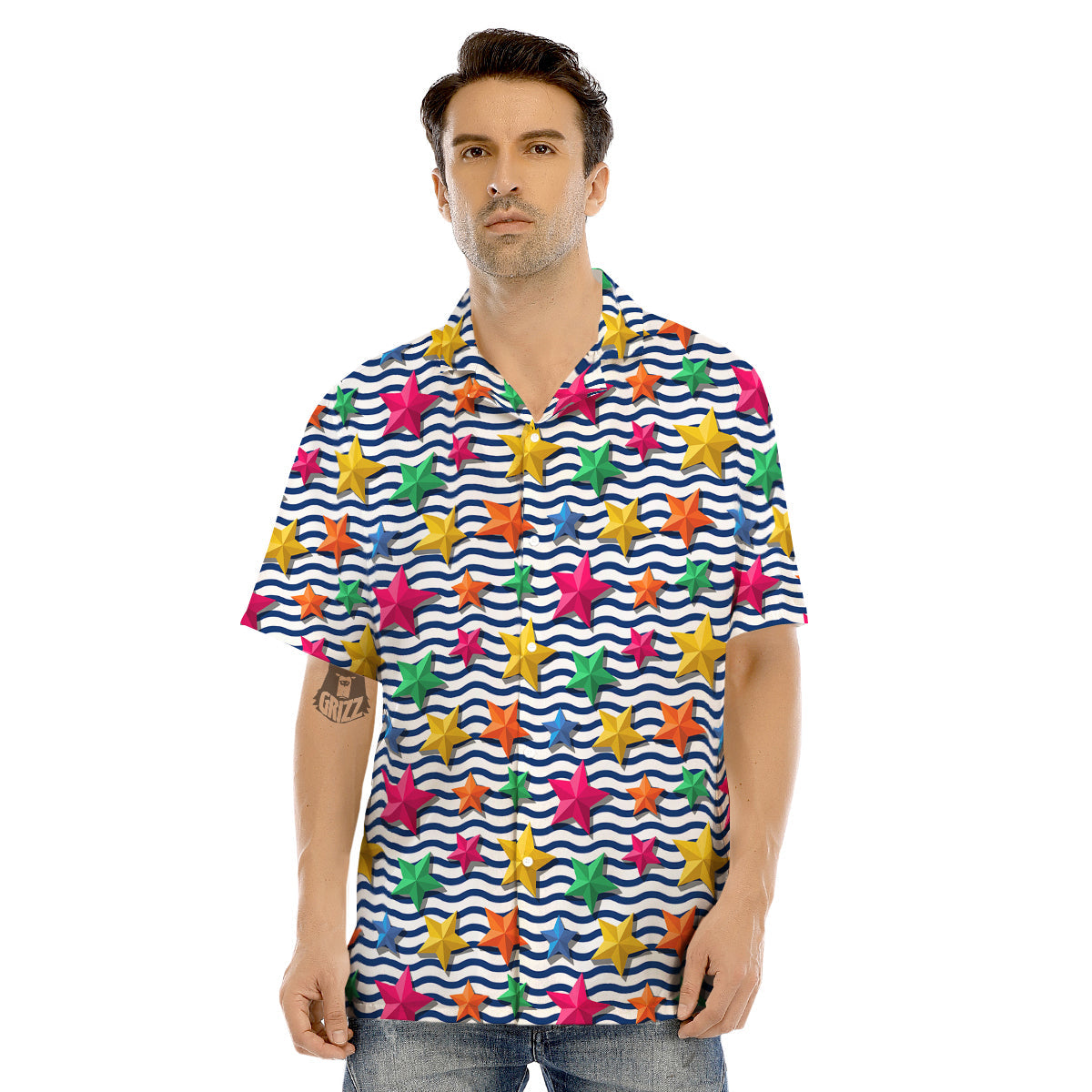 3D Stars And Blue Wave Print Pattern Men's Hawaiian Shirt-grizzshop
