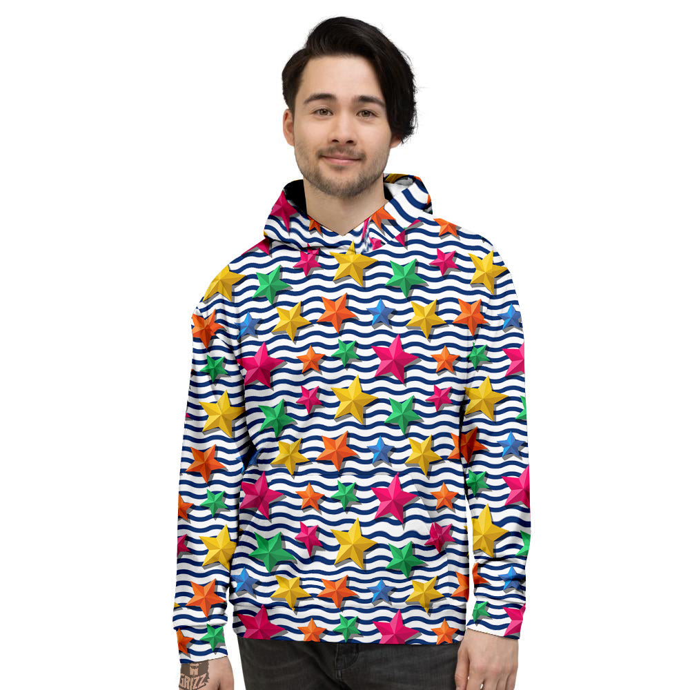 3D Stars And Blue Wave Print Pattern Men's Hoodie-grizzshop