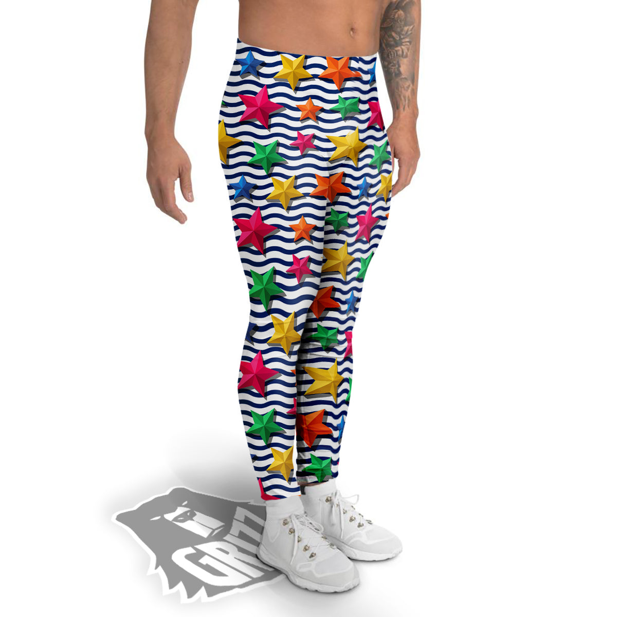 3D Stars And Blue Wave Print Pattern Men's Leggings-grizzshop