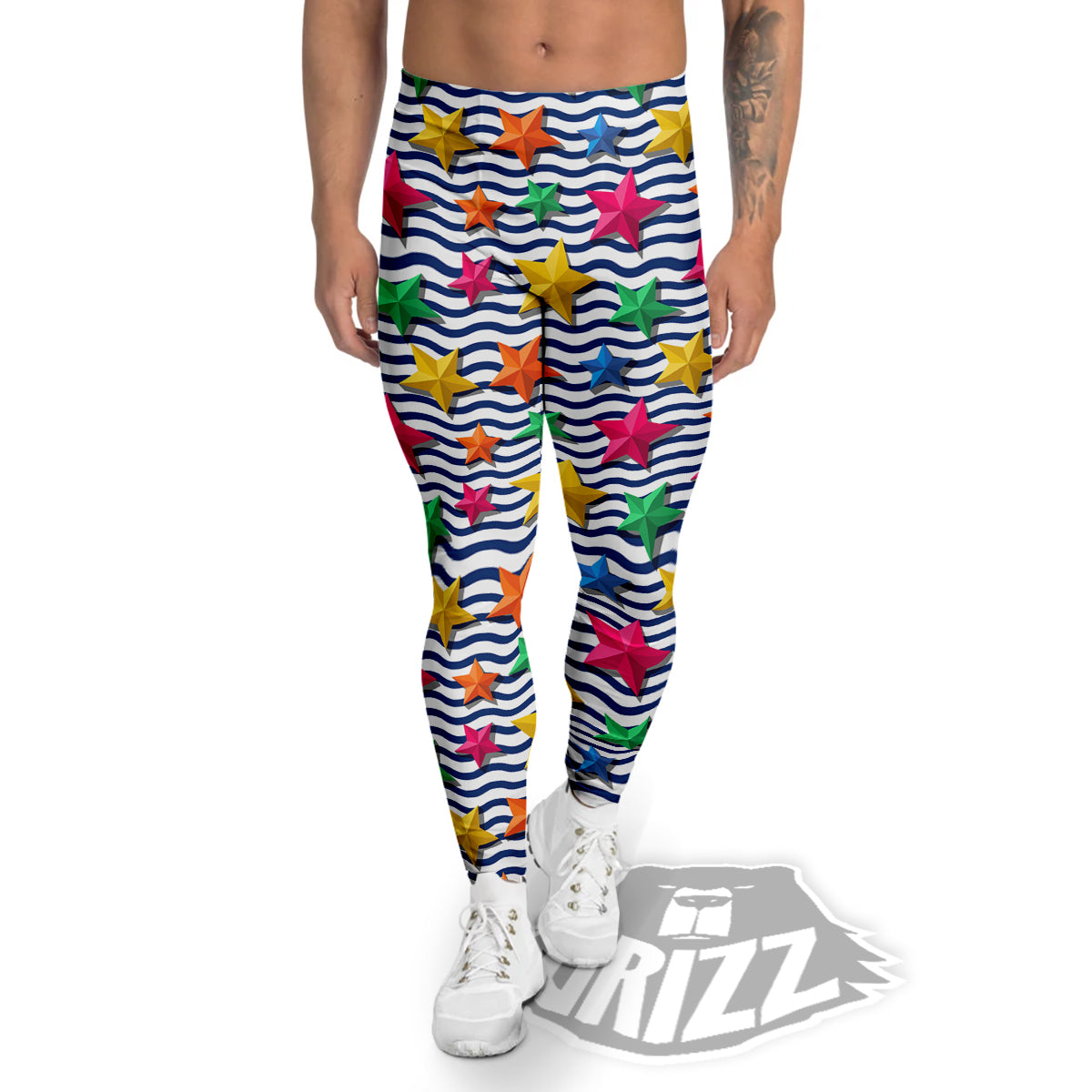 3D Stars And Blue Wave Print Pattern Men's Leggings-grizzshop