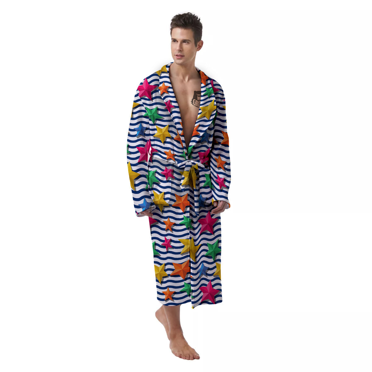 3D Stars And Blue Wave Print Pattern Men's Robe-grizzshop