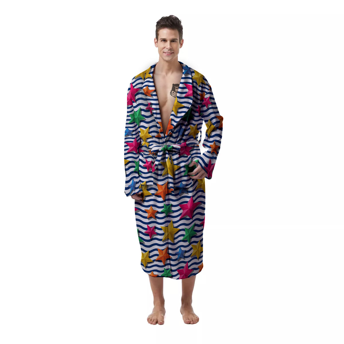 3D Stars And Blue Wave Print Pattern Men's Robe-grizzshop