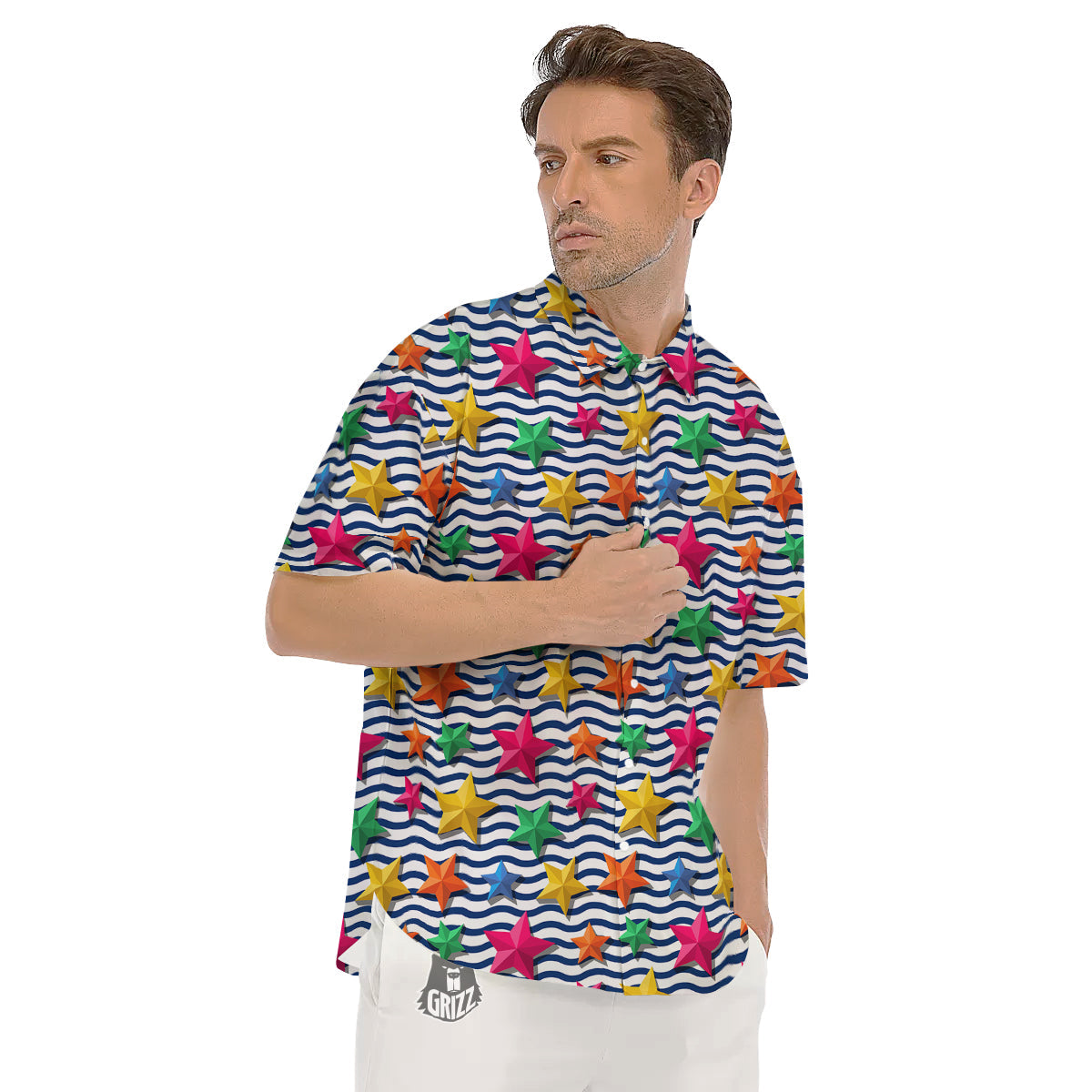 3D Stars And Blue Wave Print Pattern Men's Short Sleeve Shirts-grizzshop
