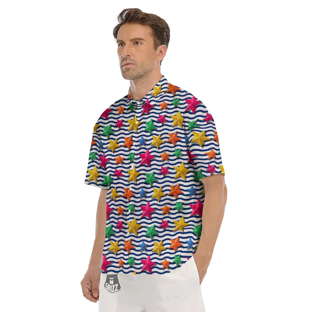 3D Stars And Blue Wave Print Pattern Men's Short Sleeve Shirts-grizzshop
