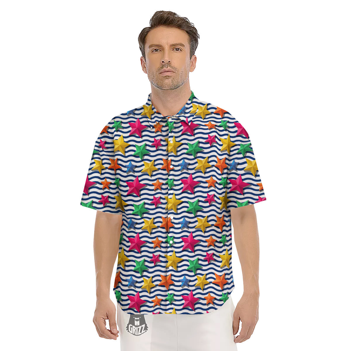 3D Stars And Blue Wave Print Pattern Men's Short Sleeve Shirts-grizzshop