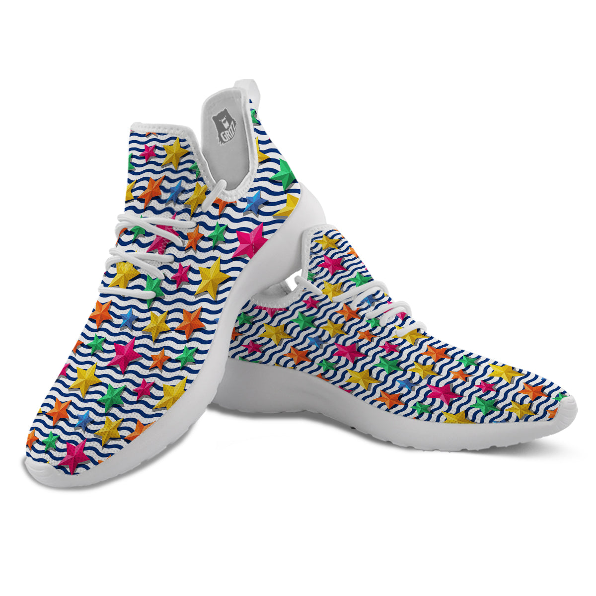 3D Stars And Blue Wave Print Pattern White Athletic Shoes-grizzshop
