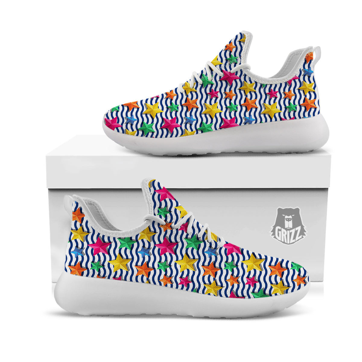 3D Stars And Blue Wave Print Pattern White Athletic Shoes-grizzshop