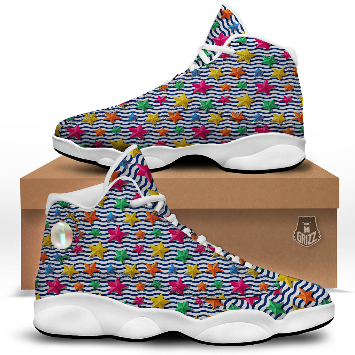 3D Stars And Blue Wave Print Pattern White Basketball Shoes-grizzshop