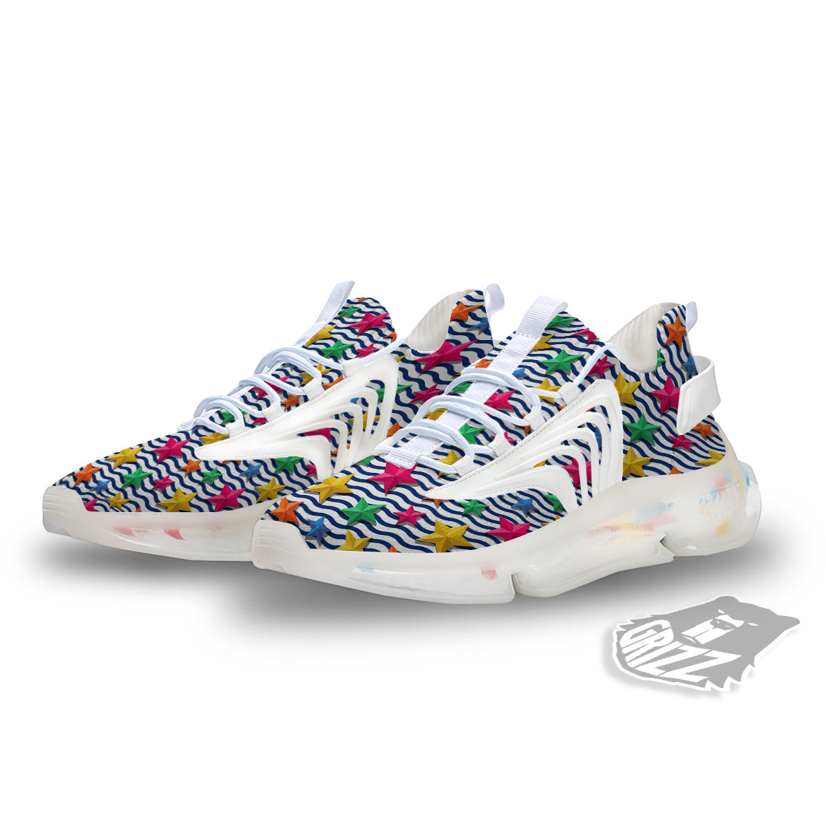 3D Stars And Blue Wave Print Pattern White Gym Shoes-grizzshop