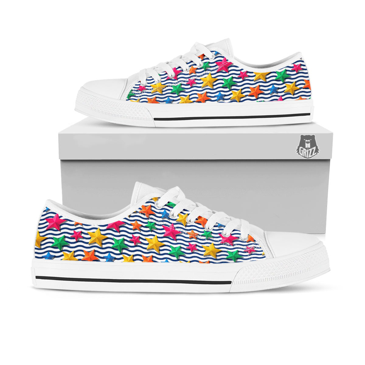 3D Stars And Blue Wave Print Pattern White Low Top Shoes-grizzshop