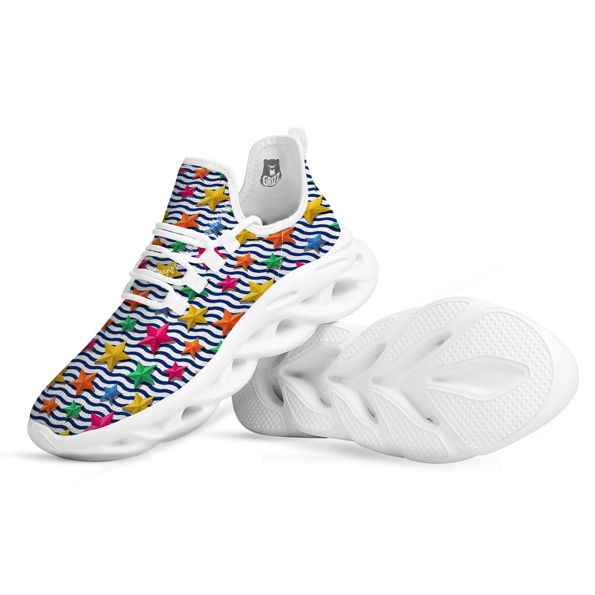 3D Stars And Blue Wave Print Pattern White Running Shoes-grizzshop
