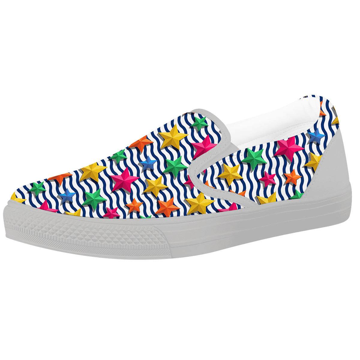 3D Stars And Blue Wave Print Pattern White Slip On Shoes-grizzshop