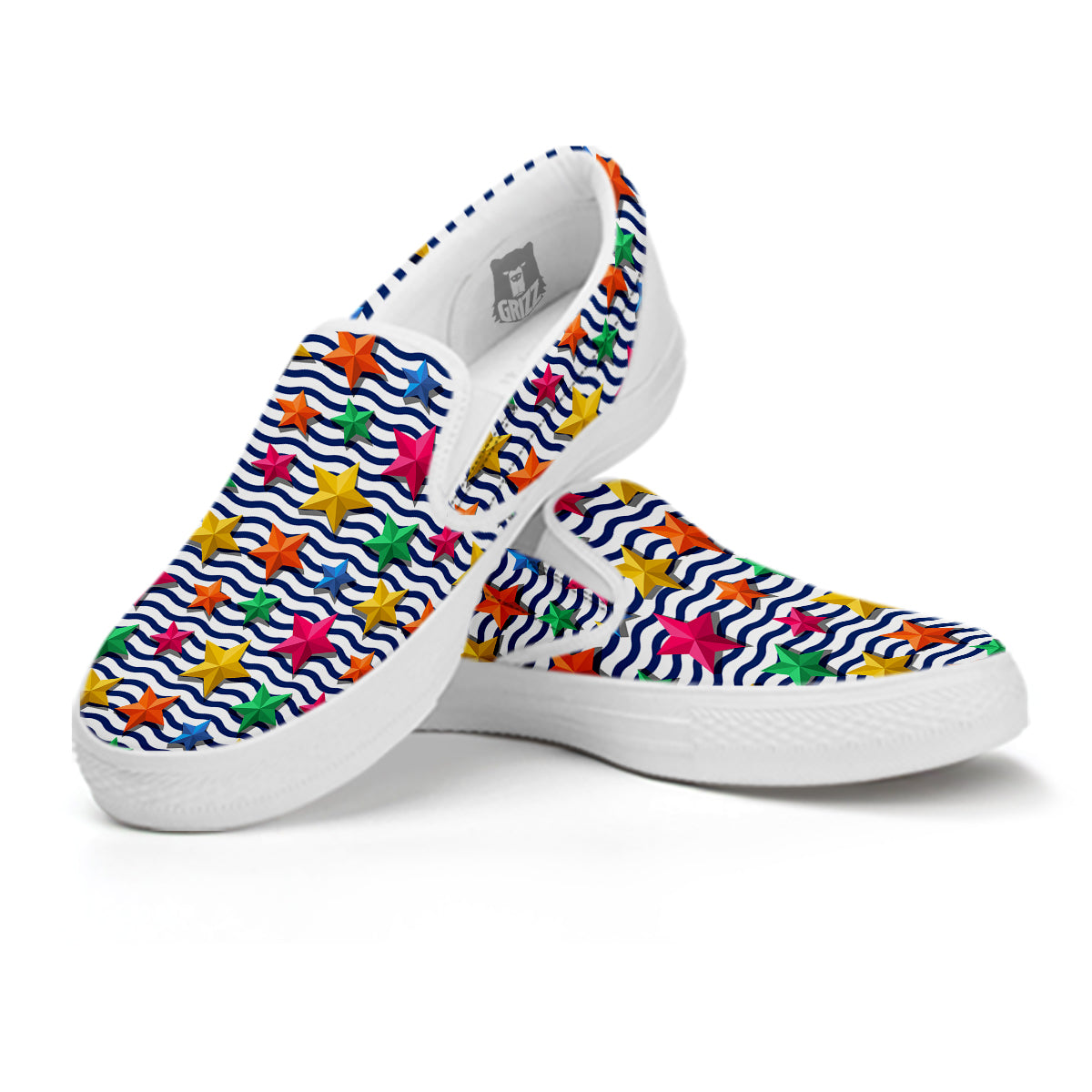 3D Stars And Blue Wave Print Pattern White Slip On Shoes-grizzshop