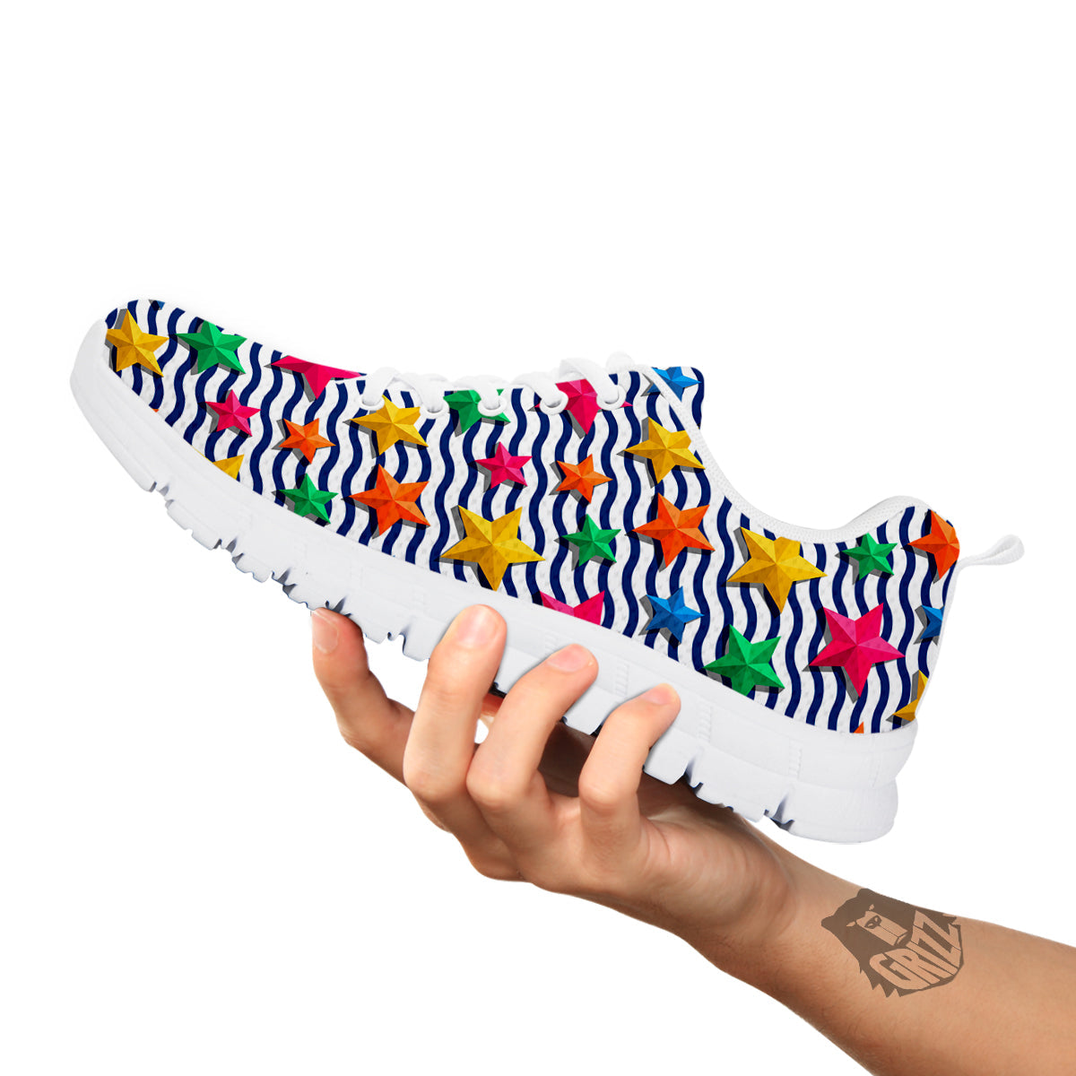 3D Stars And Blue Wave Print Pattern White Sneaker-grizzshop