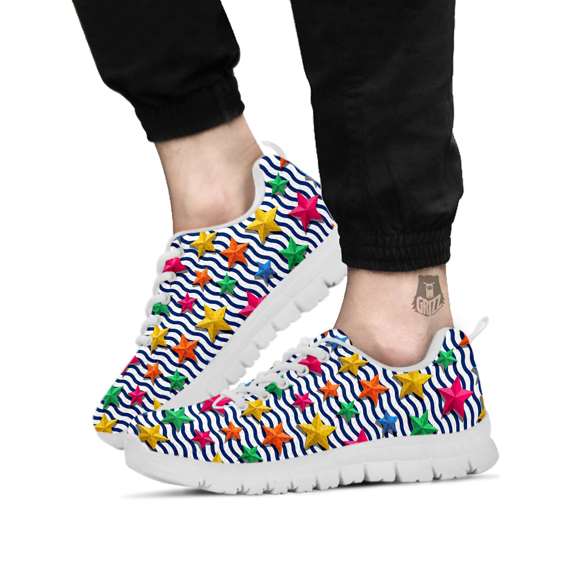 3D Stars And Blue Wave Print Pattern White Sneaker-grizzshop