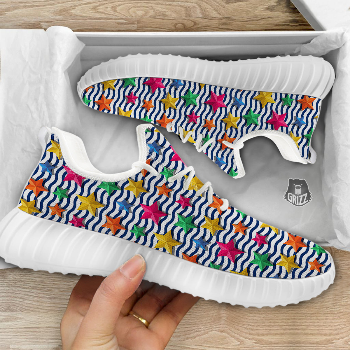 3D Stars And Blue Wave Print Pattern White Walking Shoes-grizzshop