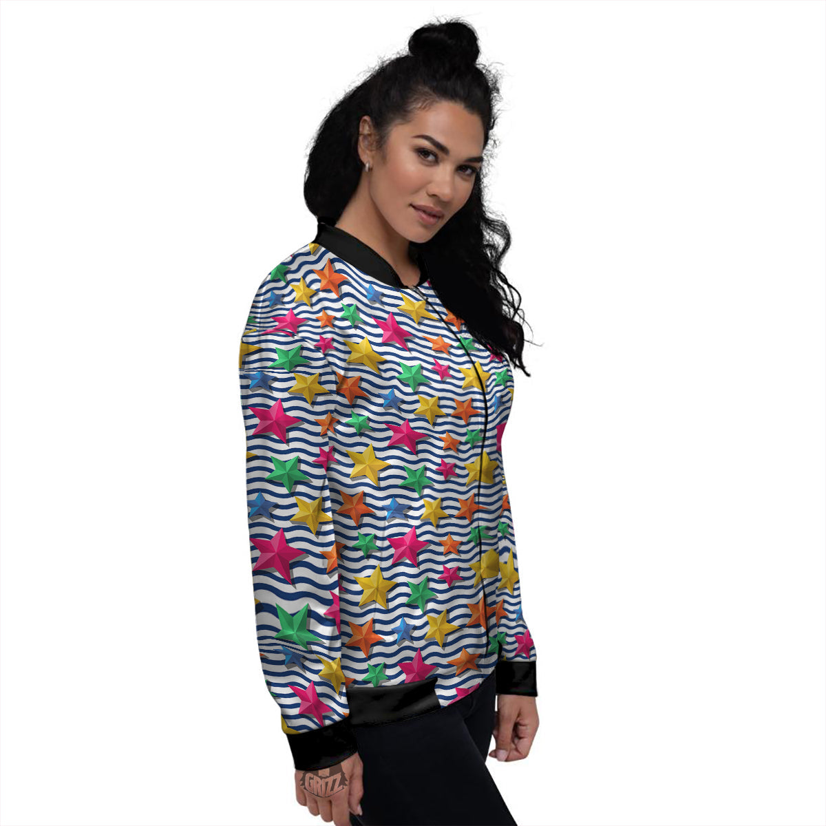 3D Stars And Blue Wave Print Pattern Women's Bomber Jacket-grizzshop