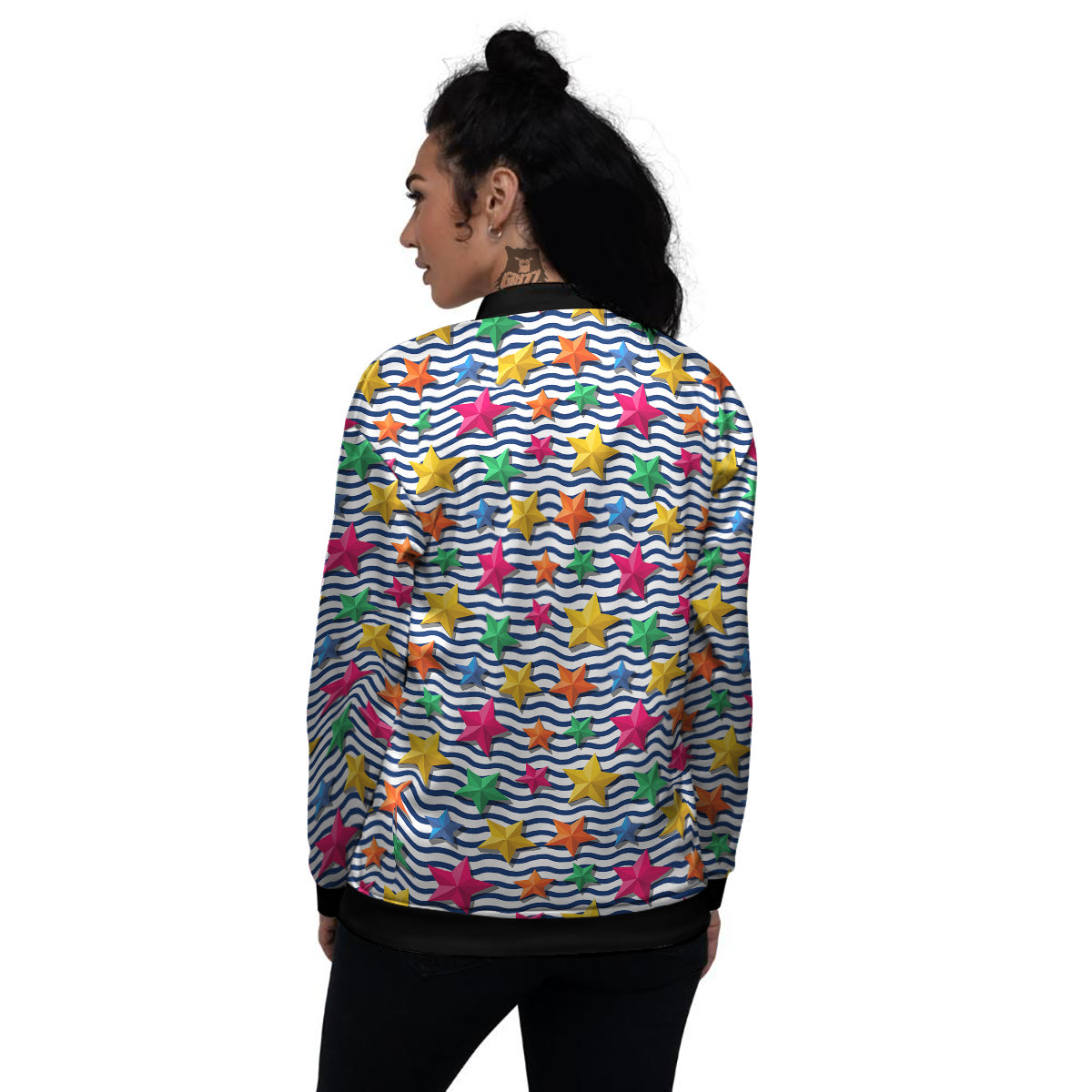 3D Stars And Blue Wave Print Pattern Women's Bomber Jacket-grizzshop