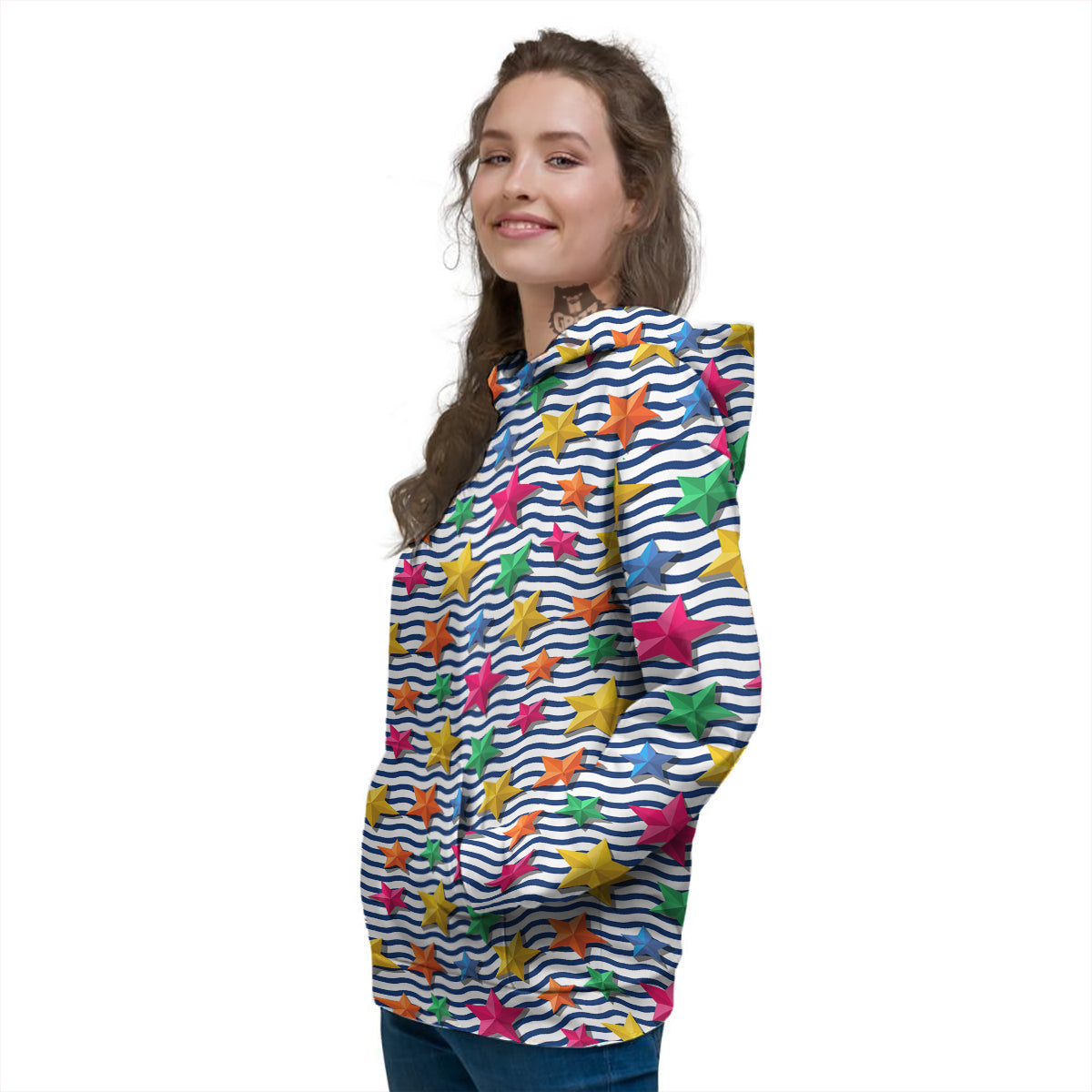 3D Stars And Blue Wave Print Pattern Women's Hoodie-grizzshop