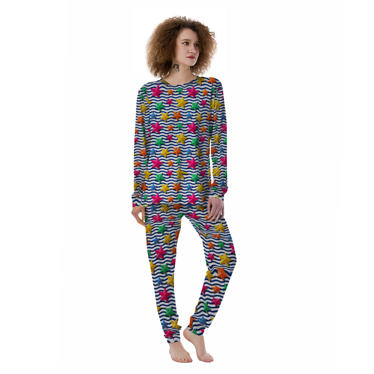 3D Stars And Blue Wave Print Pattern Women's Pajamas-grizzshop