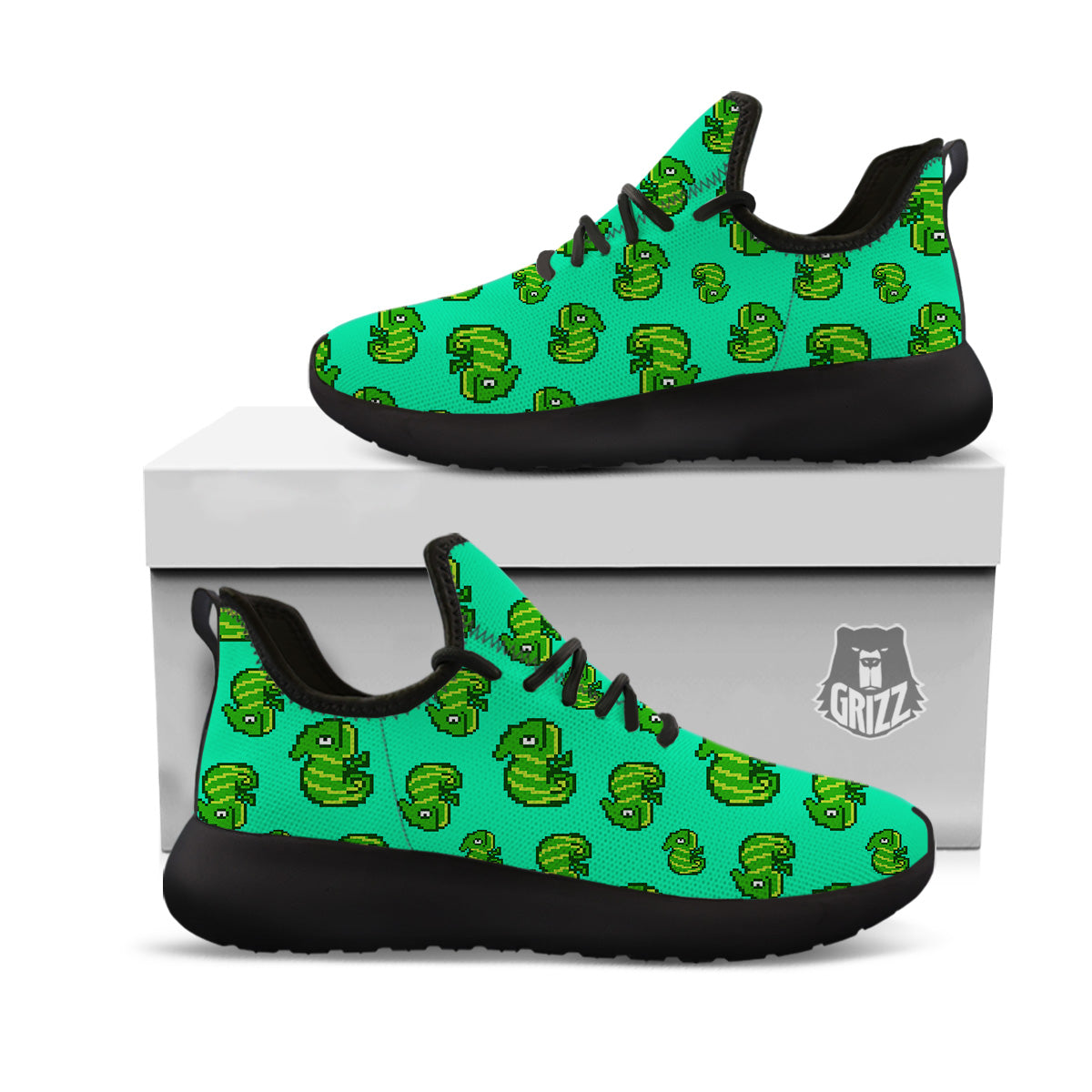 8 Bit Pixel Green Chameleons Print Pattern Black Athletic Shoes-grizzshop