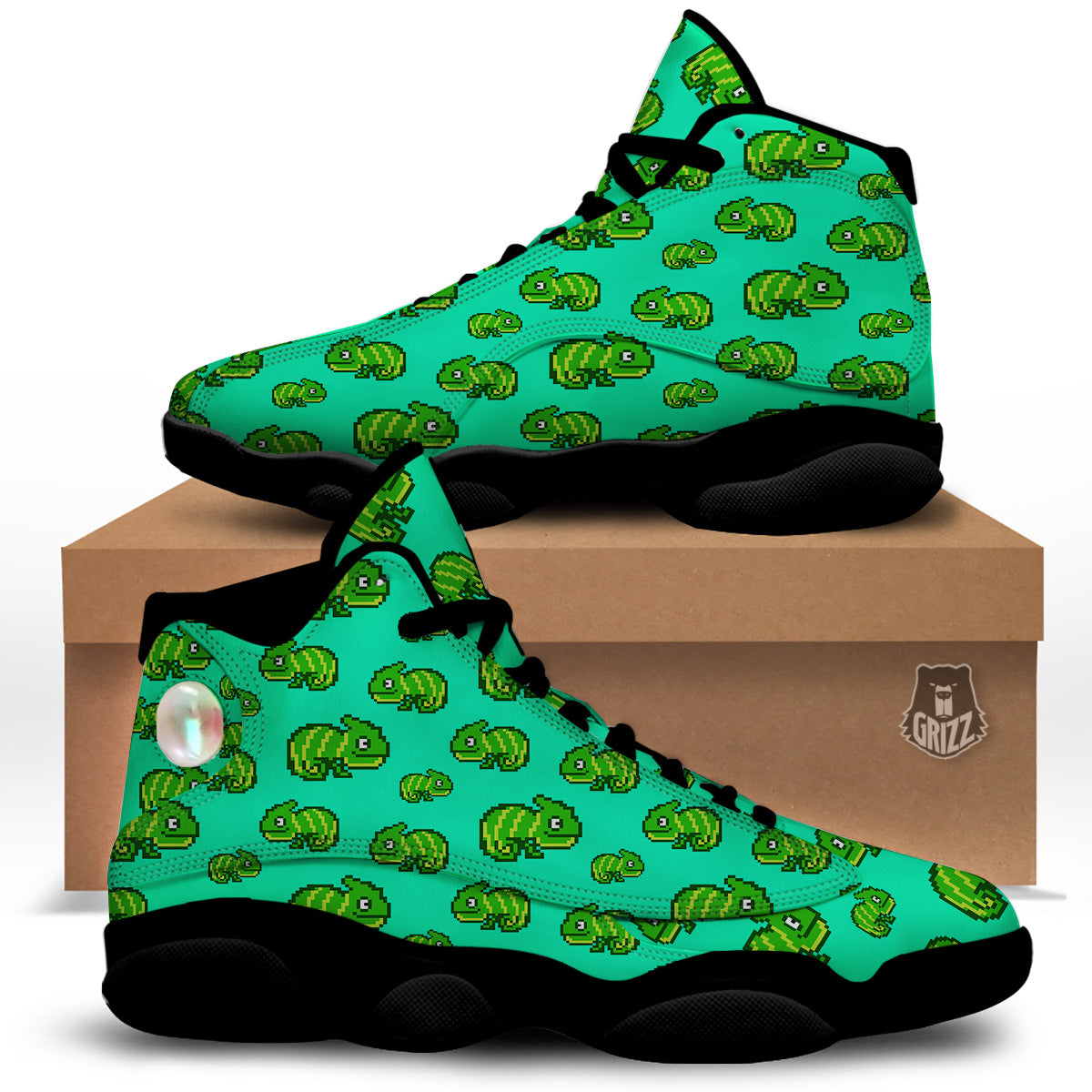 8 Bit Pixel Green Chameleons Print Pattern Black Basketball Shoes-grizzshop
