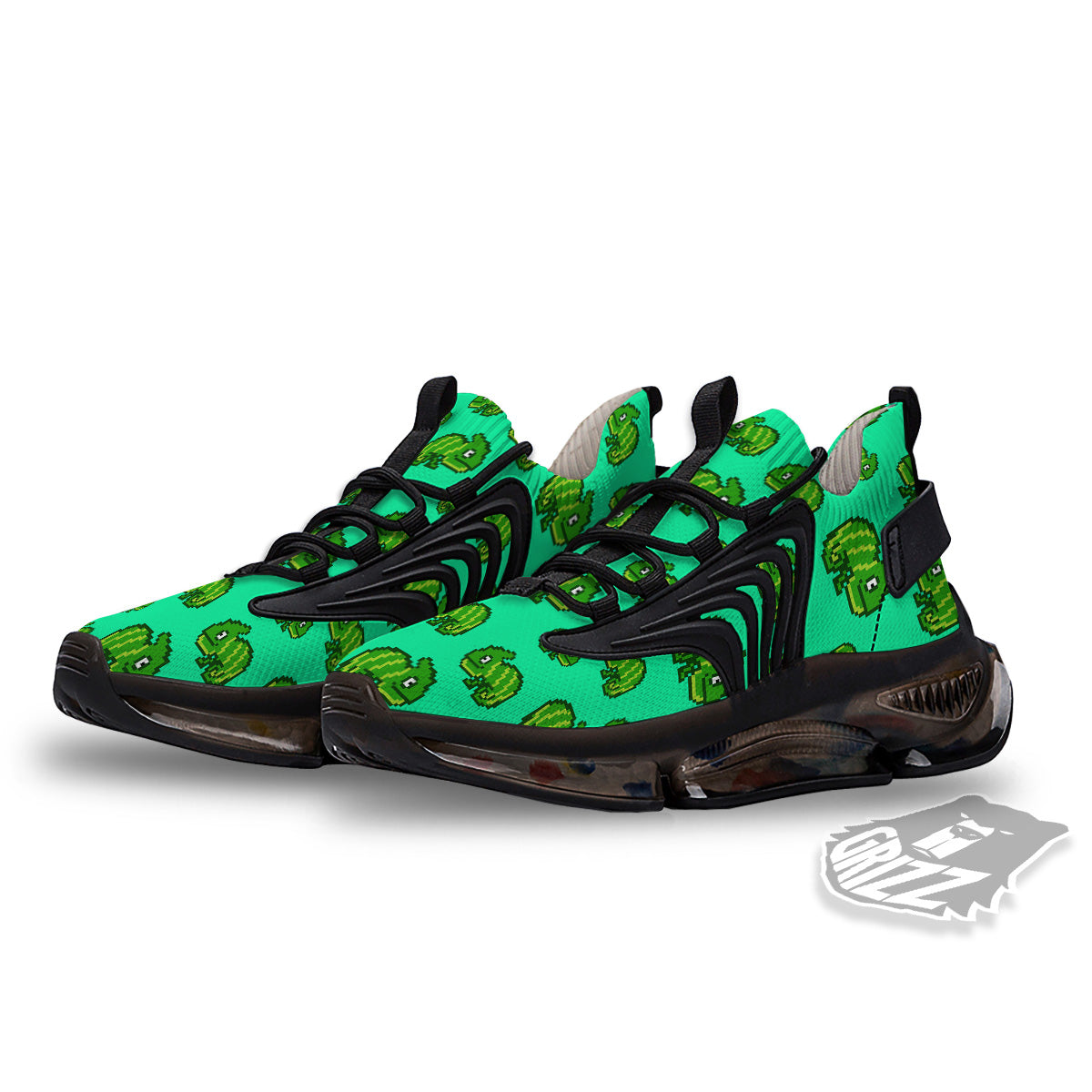 8 Bit Pixel Green Chameleons Print Pattern Black Gym Shoes-grizzshop