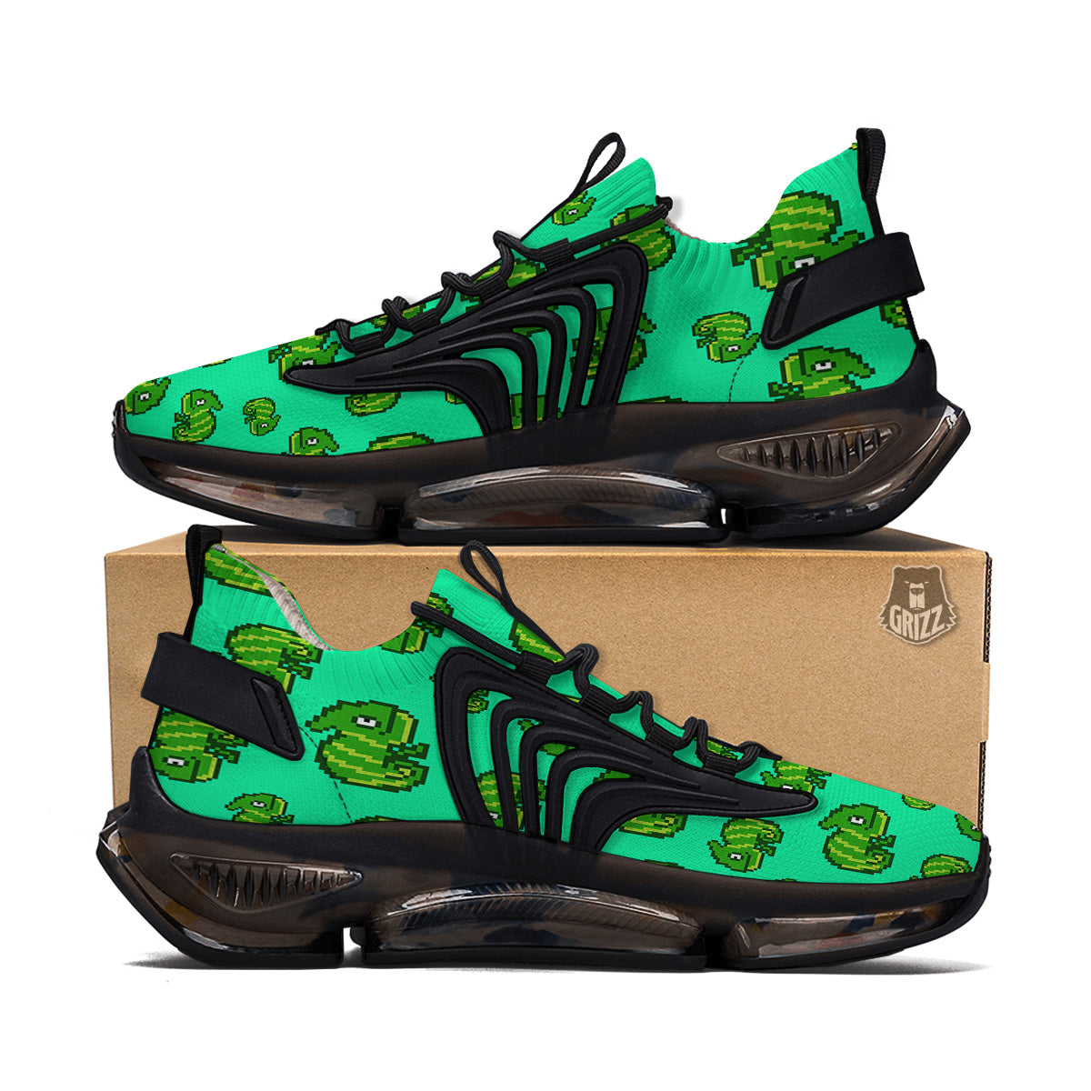 8 Bit Pixel Green Chameleons Print Pattern Black Gym Shoes-grizzshop