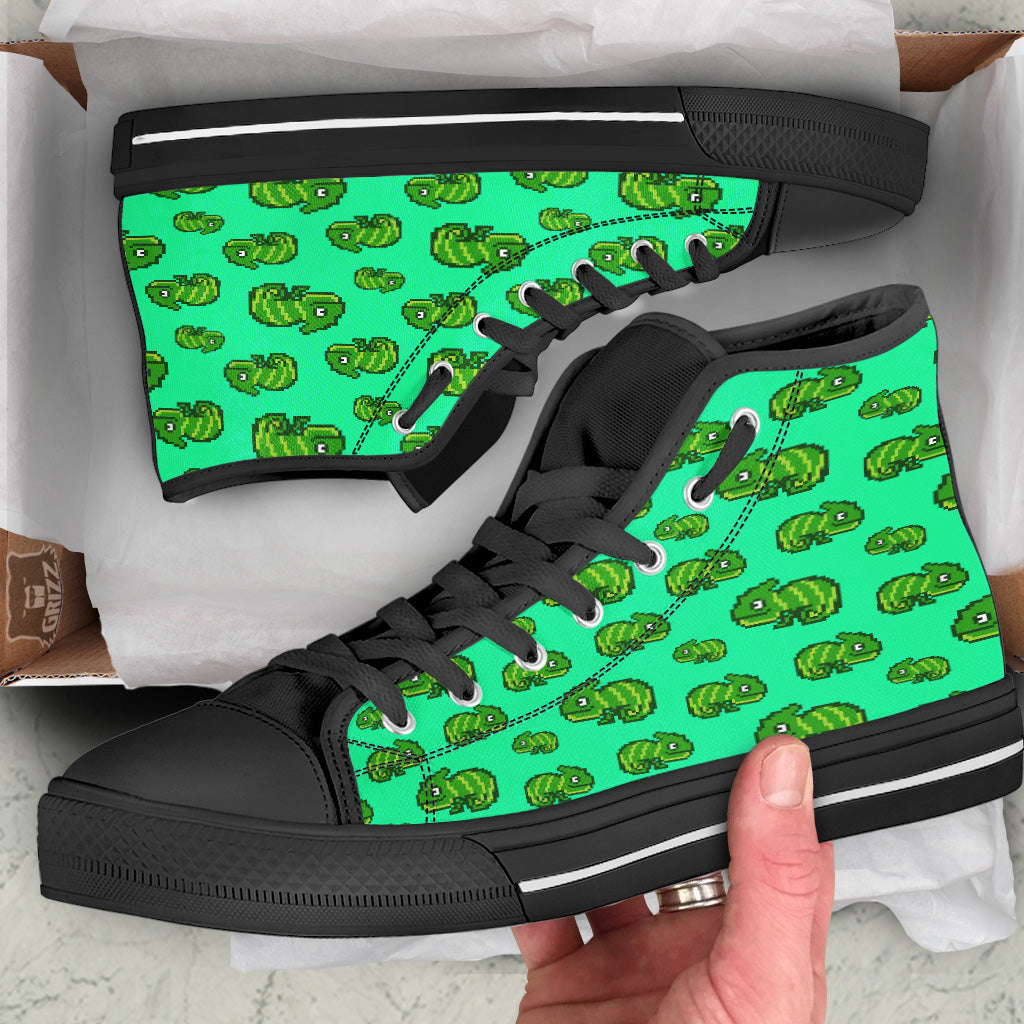 8 Bit Pixel Green Chameleons Print Pattern Black High Top Shoes-grizzshop