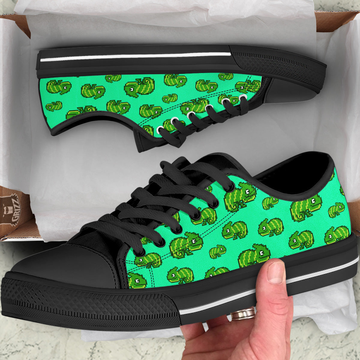8 Bit Pixel Green Chameleons Print Pattern Black Low Top Shoes-grizzshop