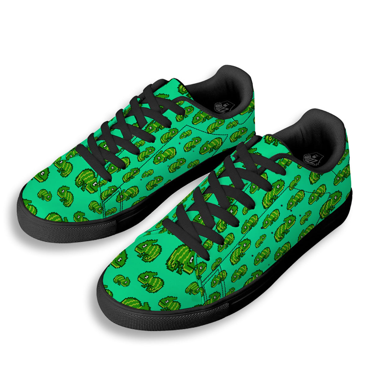 8 Bit Pixel Green Chameleons Print Pattern Black Low Top Sneakers-grizzshop