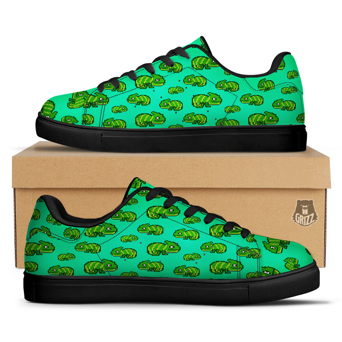 8 Bit Pixel Green Chameleons Print Pattern Black Low Top Sneakers-grizzshop