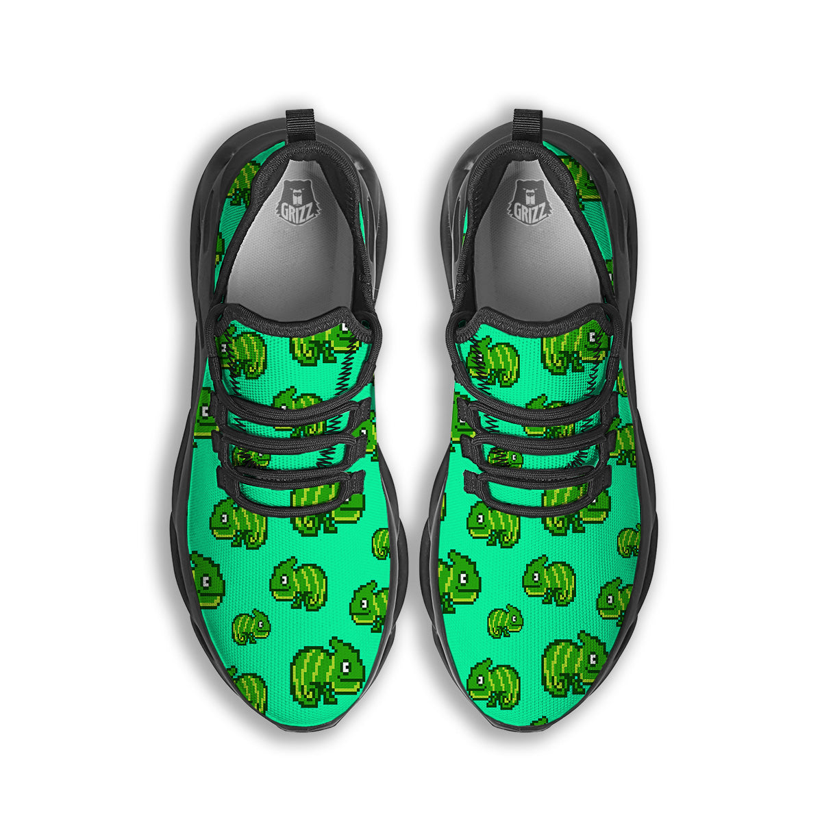 8 Bit Pixel Green Chameleons Print Pattern Black Running Shoes-grizzshop