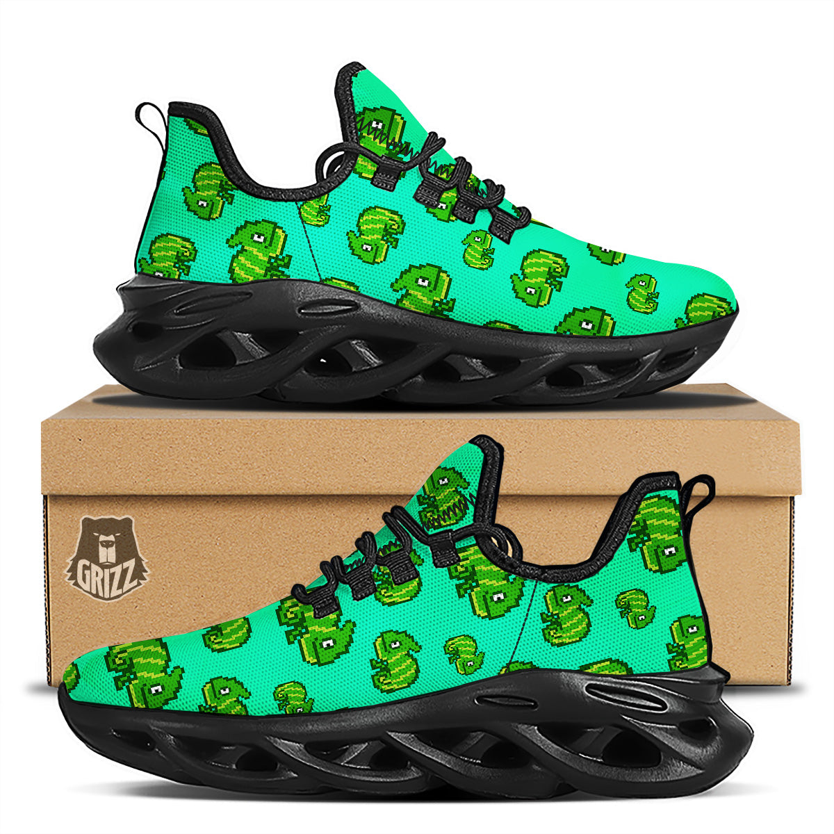 8 Bit Pixel Green Chameleons Print Pattern Black Running Shoes-grizzshop