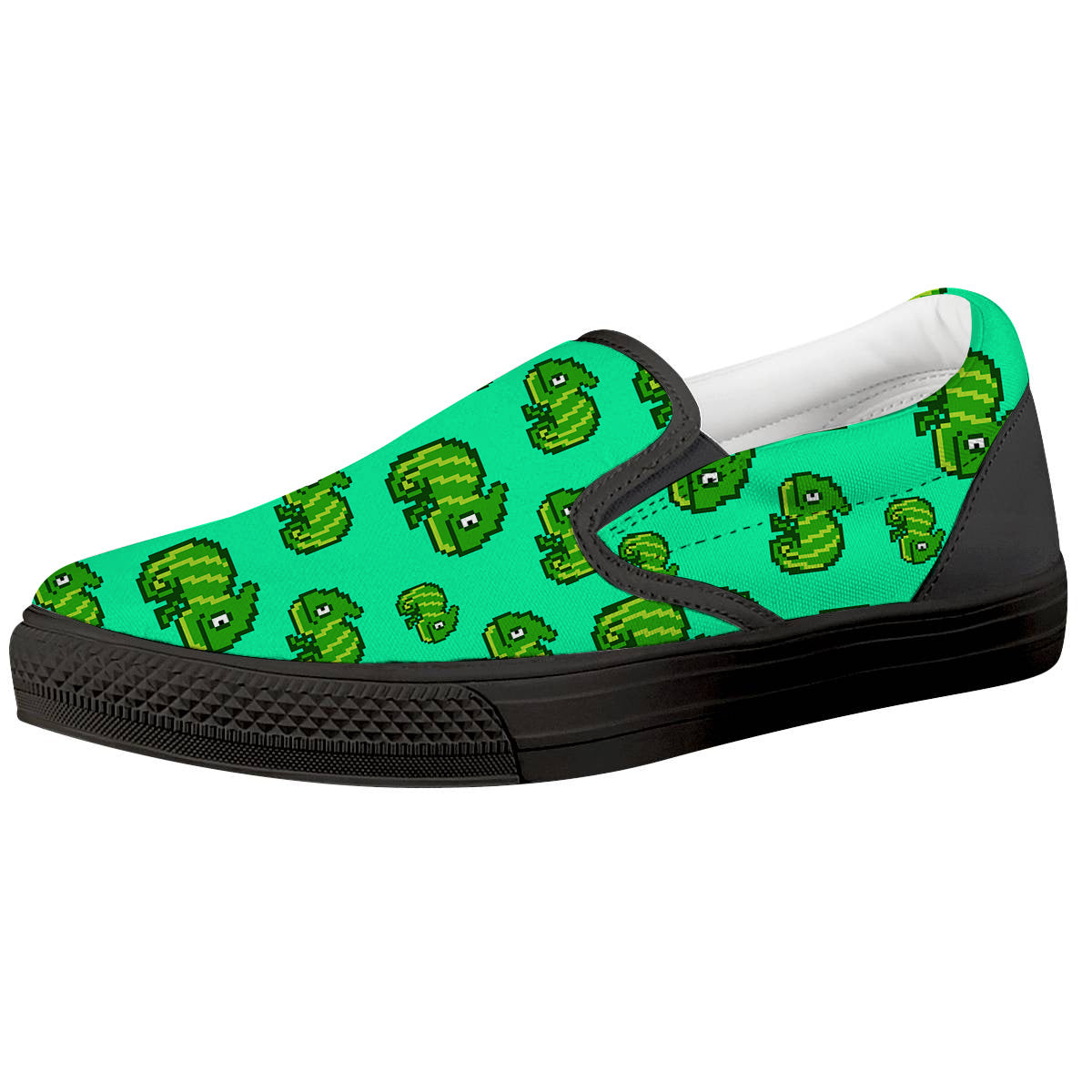 8 Bit Pixel Green Chameleons Print Pattern Black Slip On Shoes-grizzshop