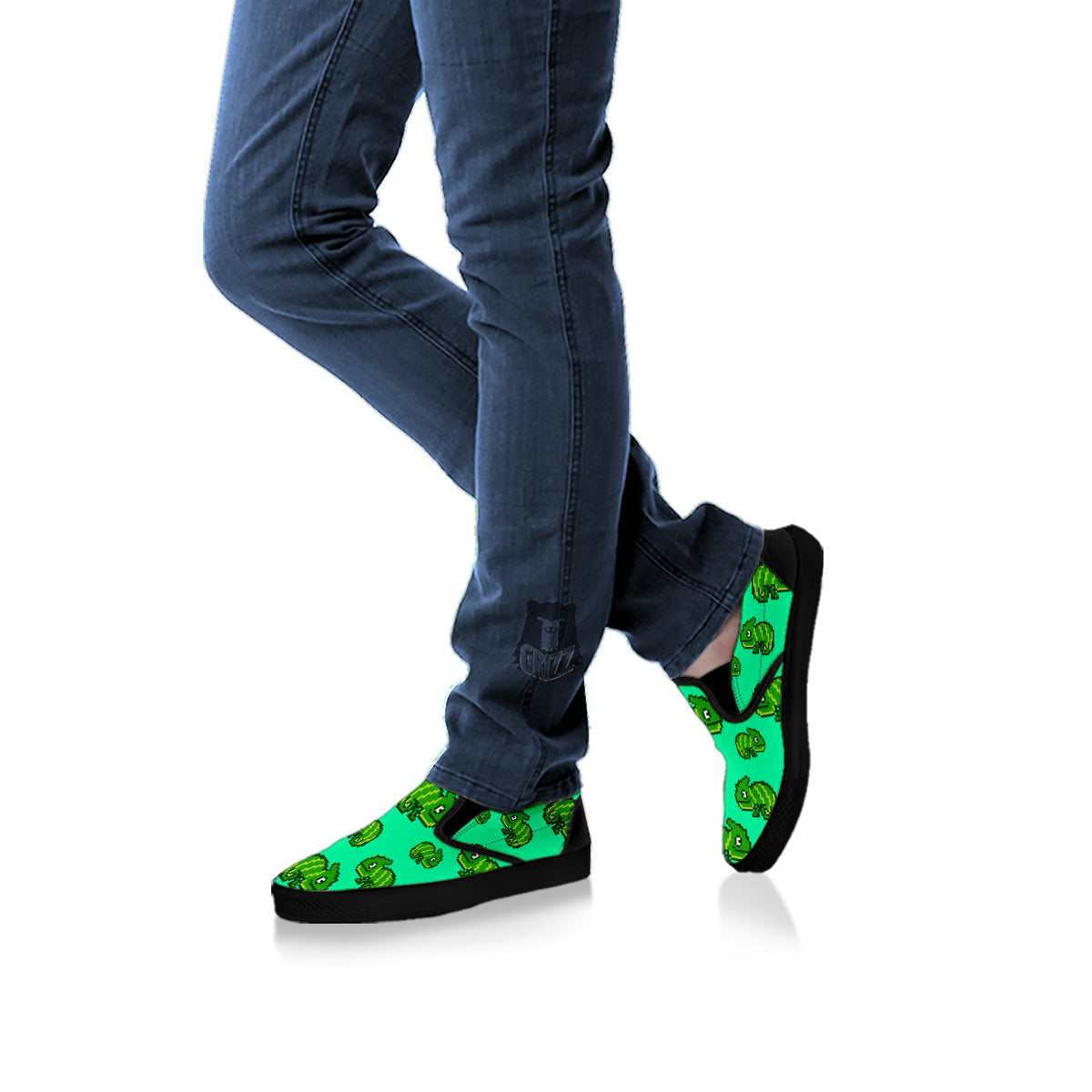 8 Bit Pixel Green Chameleons Print Pattern Black Slip On Shoes-grizzshop