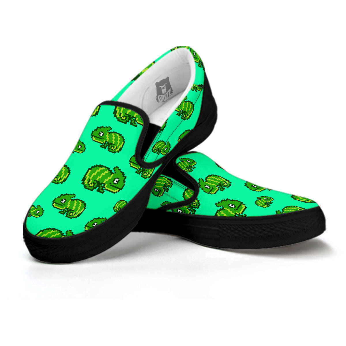 8 Bit Pixel Green Chameleons Print Pattern Black Slip On Shoes-grizzshop