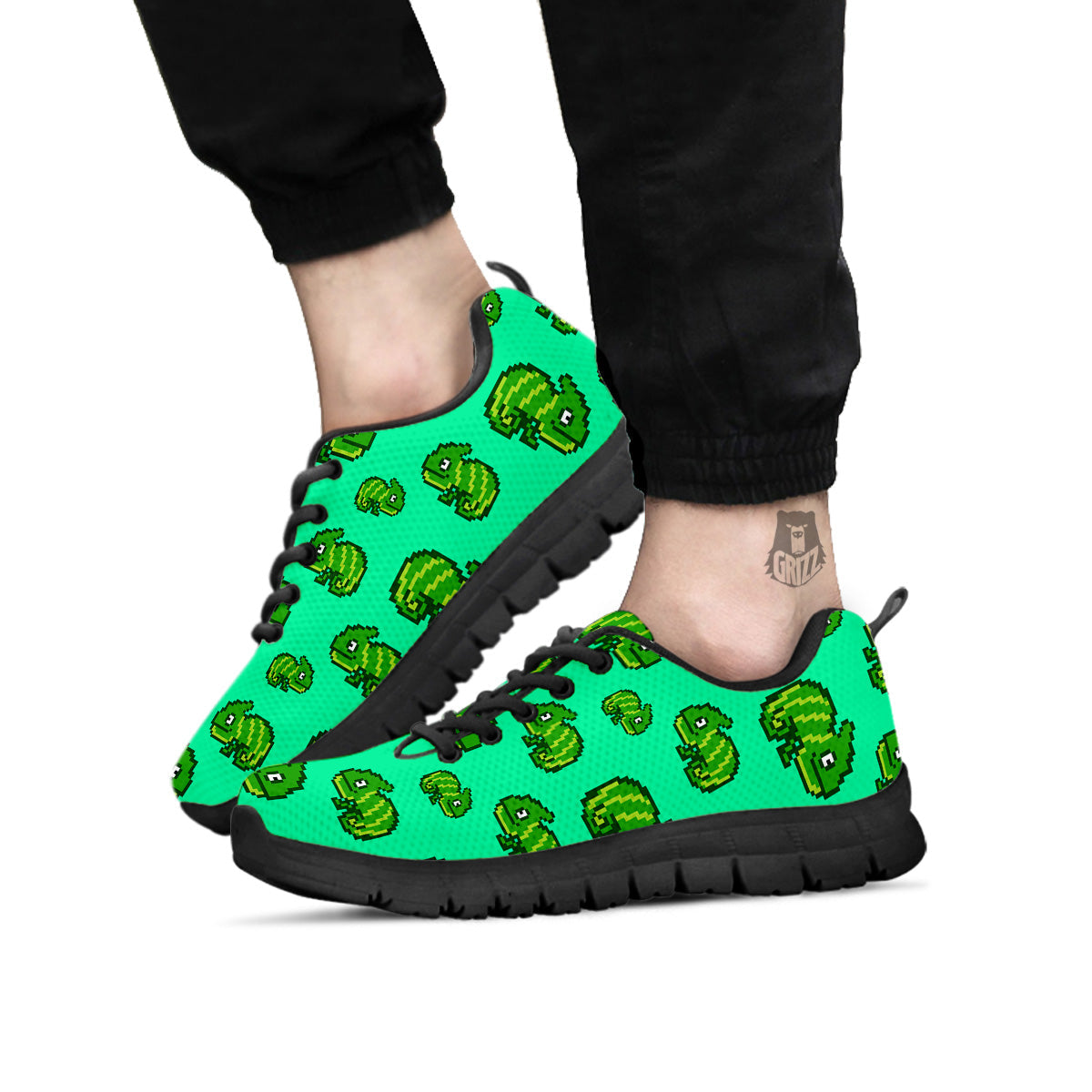 8 Bit Pixel Green Chameleons Print Pattern Black Sneaker-grizzshop