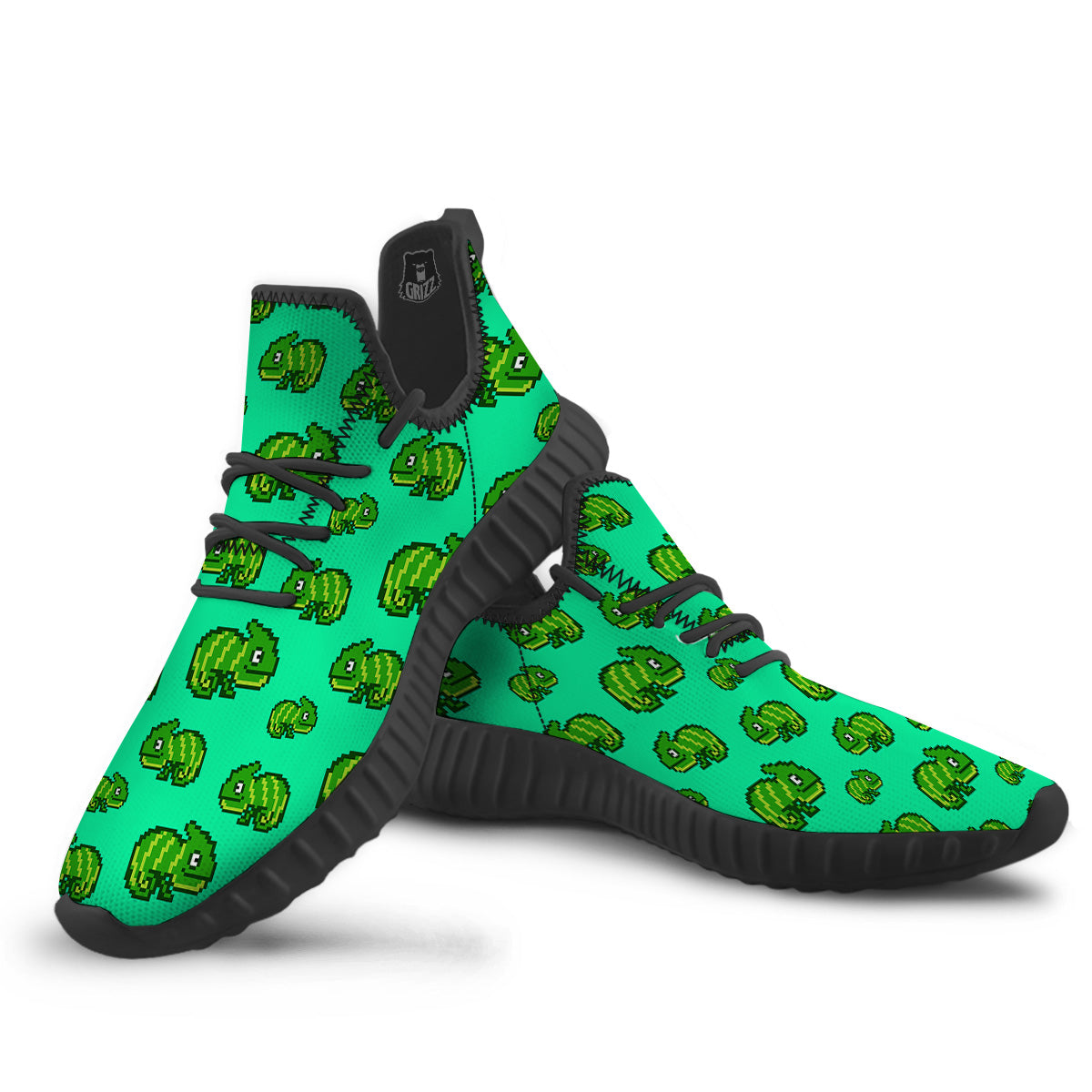 8 Bit Pixel Green Chameleons Print Pattern Black Walking Shoes-grizzshop