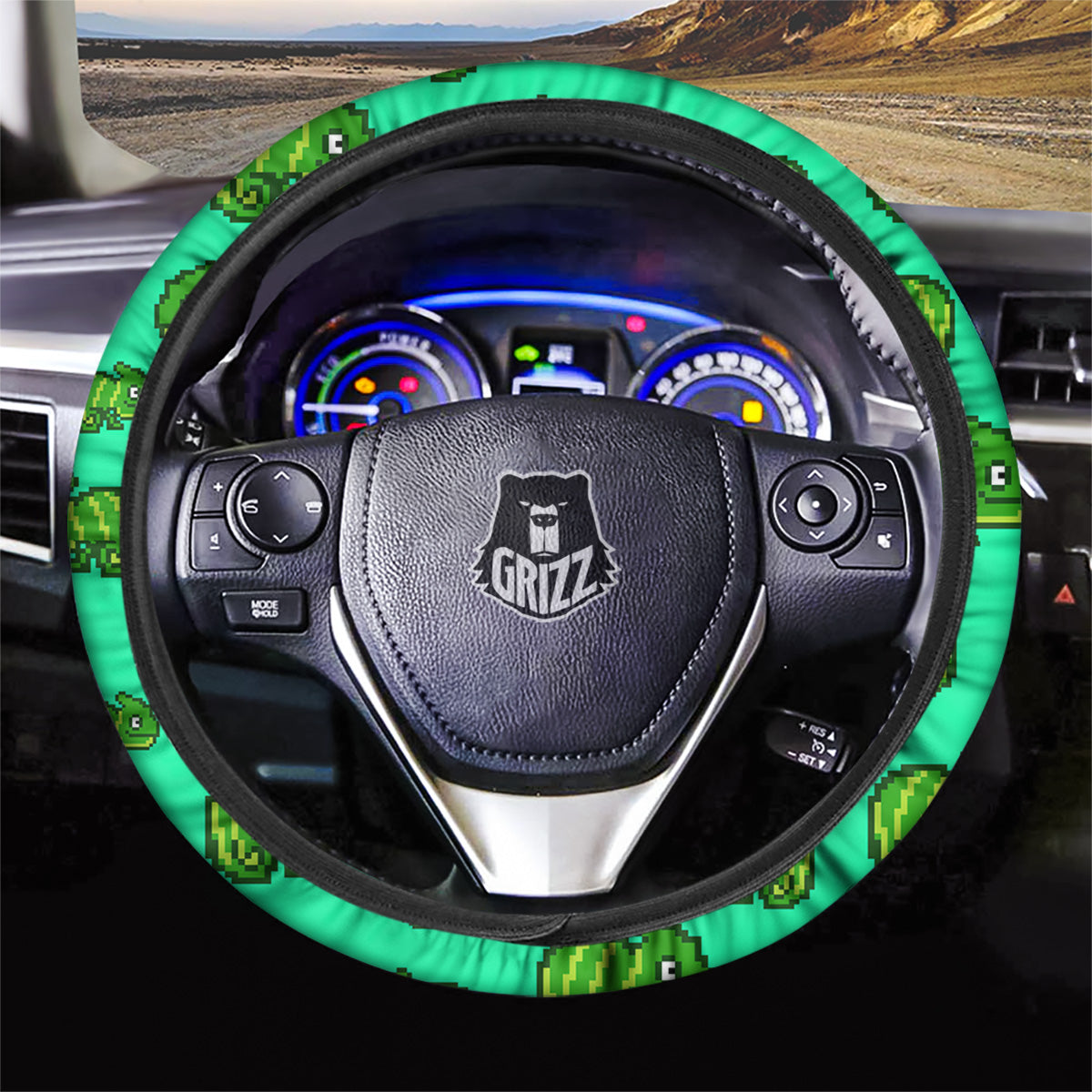 8 Bit Pixel Green Chameleons Print Pattern Car Steering Wheel Cover-grizzshop