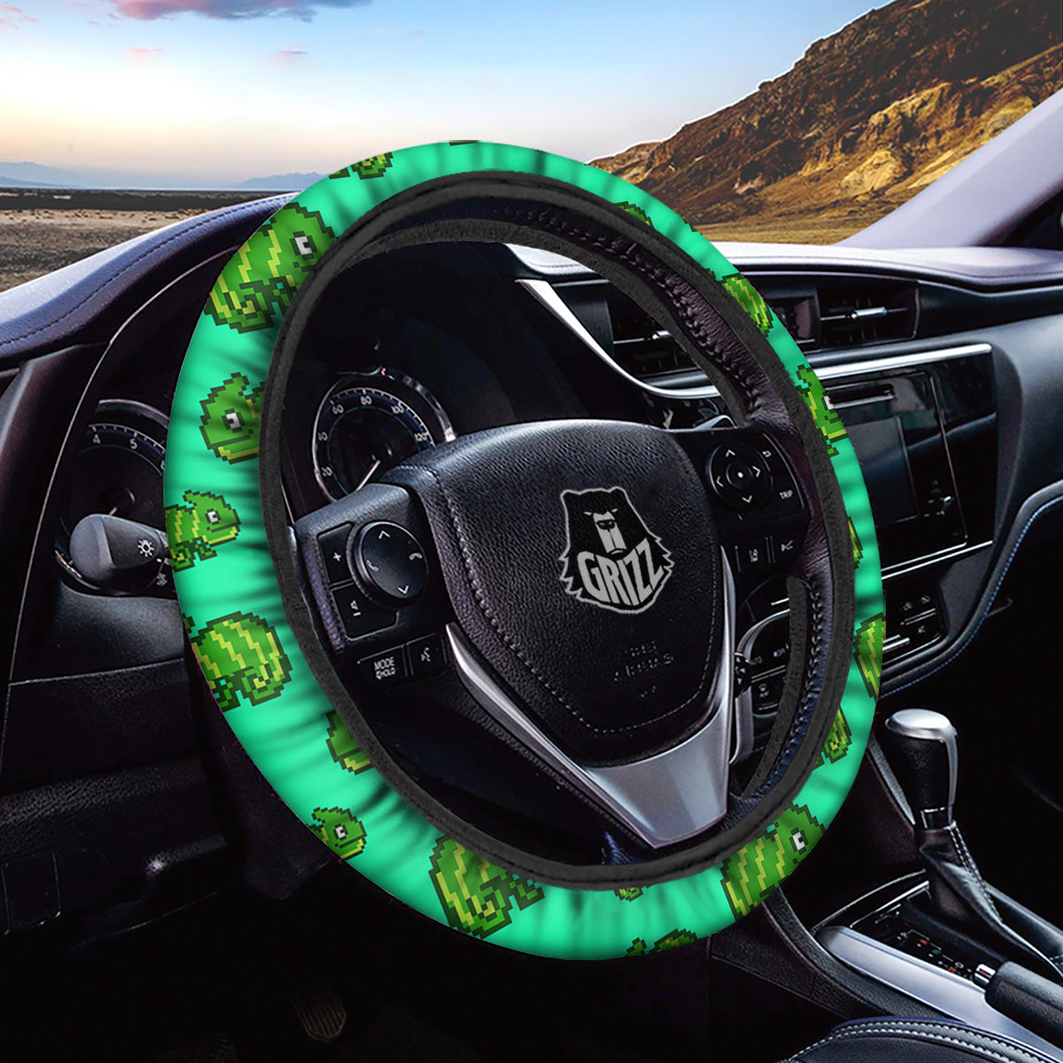 8 Bit Pixel Green Chameleons Print Pattern Car Steering Wheel Cover-grizzshop