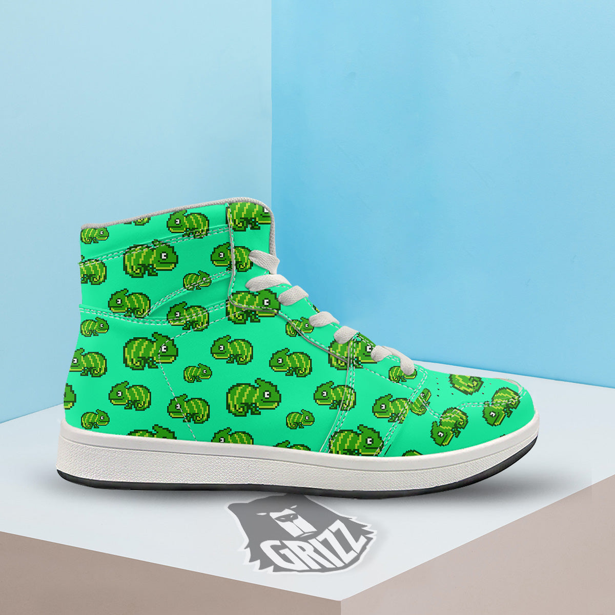 8 Bit Pixel Green Chameleons Print Pattern High Top Sneakers-grizzshop