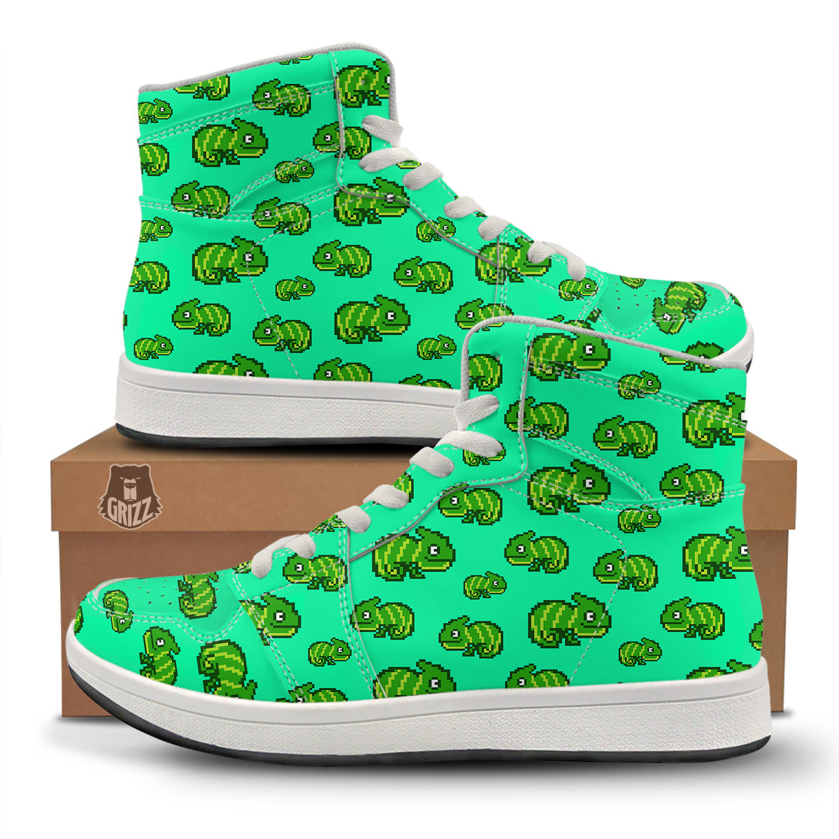 8 Bit Pixel Green Chameleons Print Pattern High Top Sneakers-grizzshop