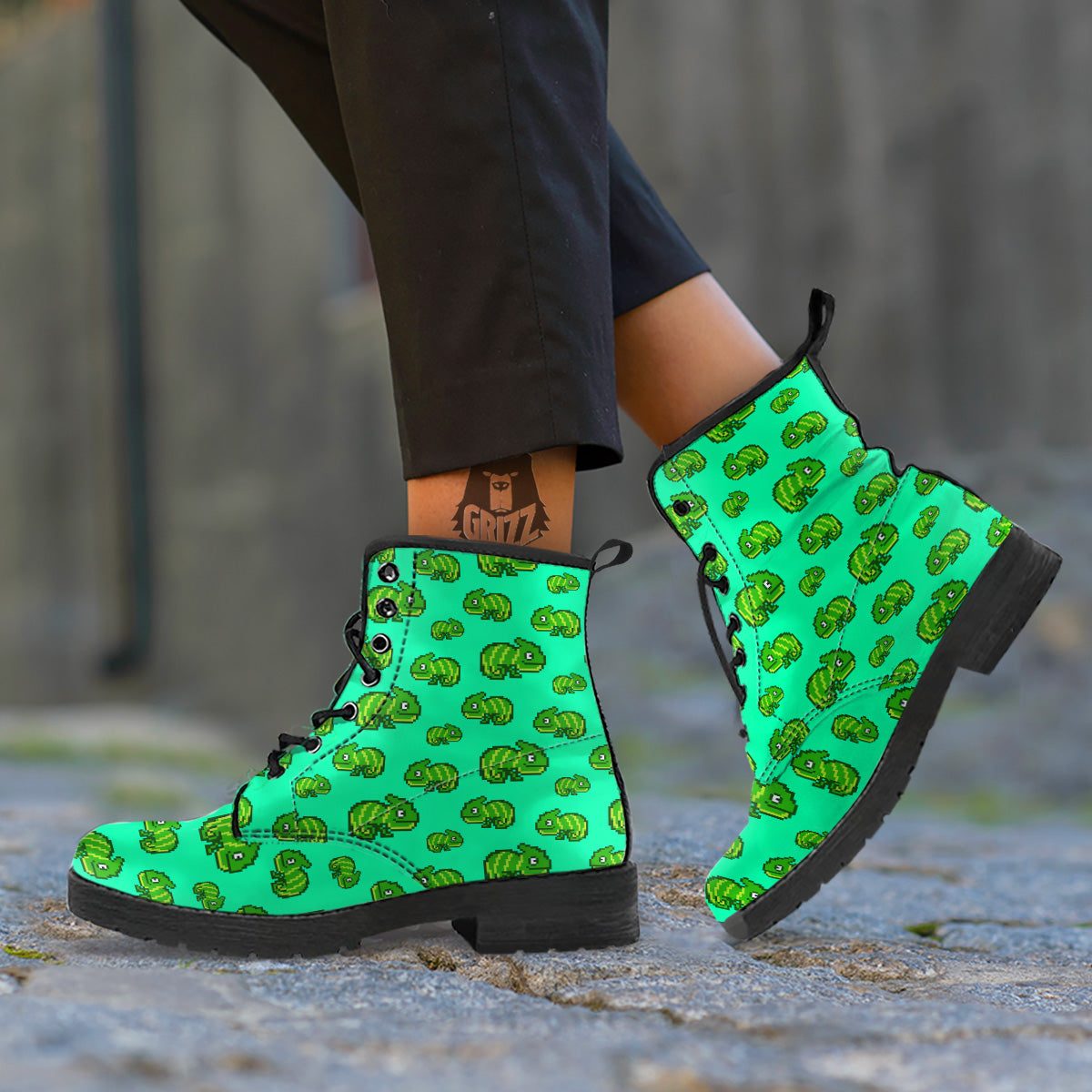 8 Bit Pixel Green Chameleons Print Pattern Leather Boots-grizzshop