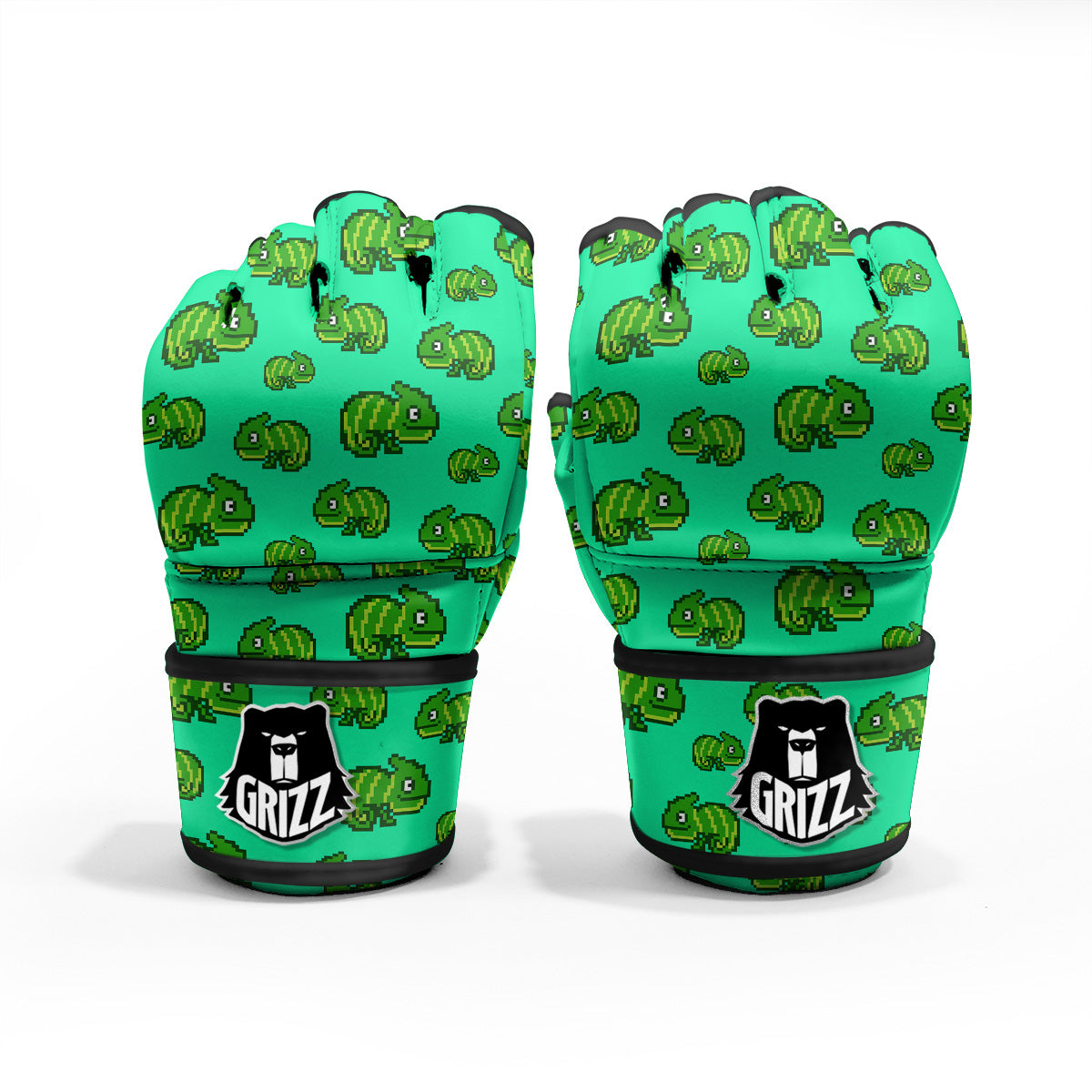 8 Bit Pixel Green Chameleons Print Pattern MMA Gloves-grizzshop