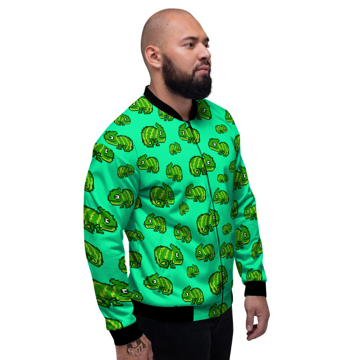 8 Bit Pixel Green Chameleons Print Pattern Men's Bomber Jacket-grizzshop