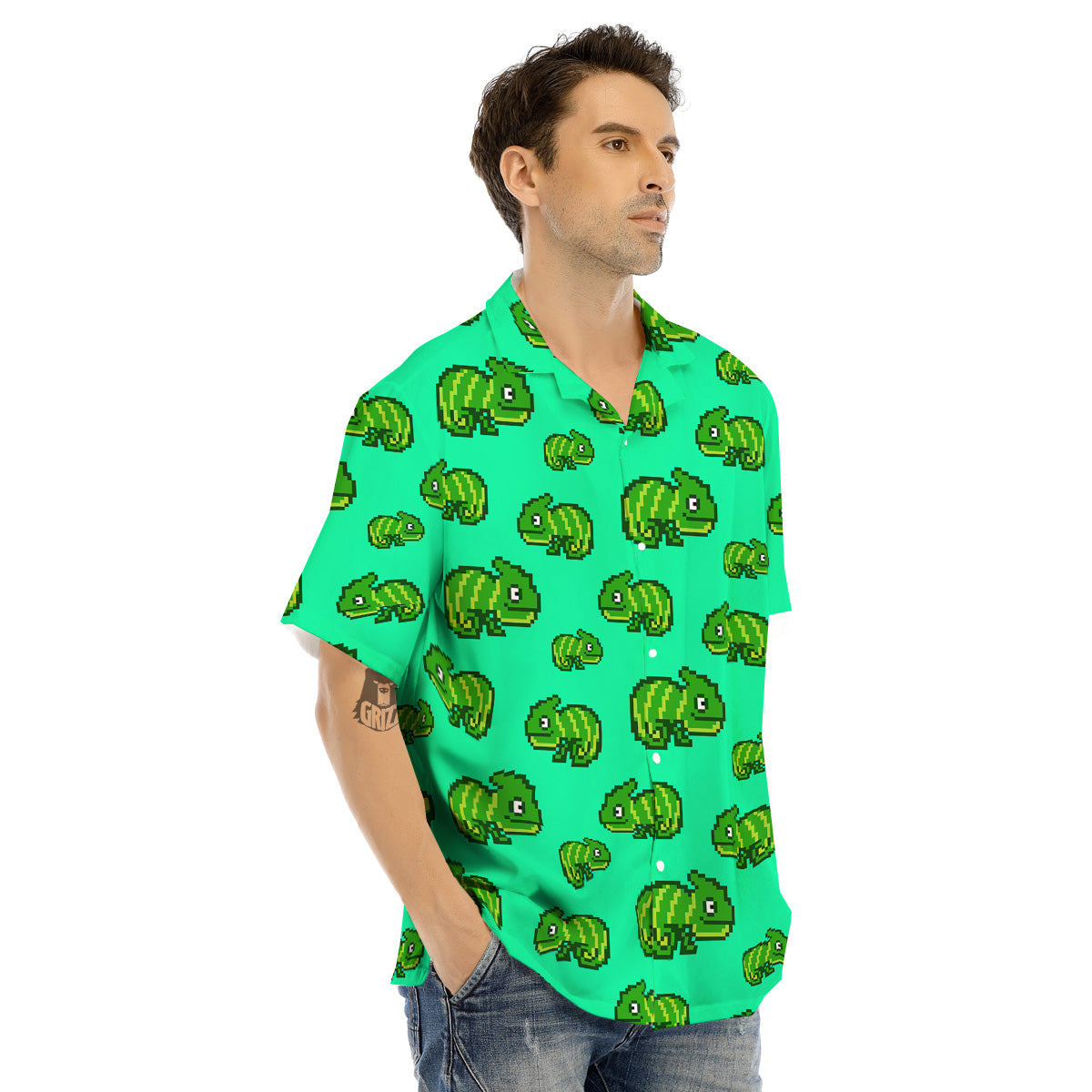 8 Bit Pixel Green Chameleons Print Pattern Men's Hawaiian Shirt-grizzshop